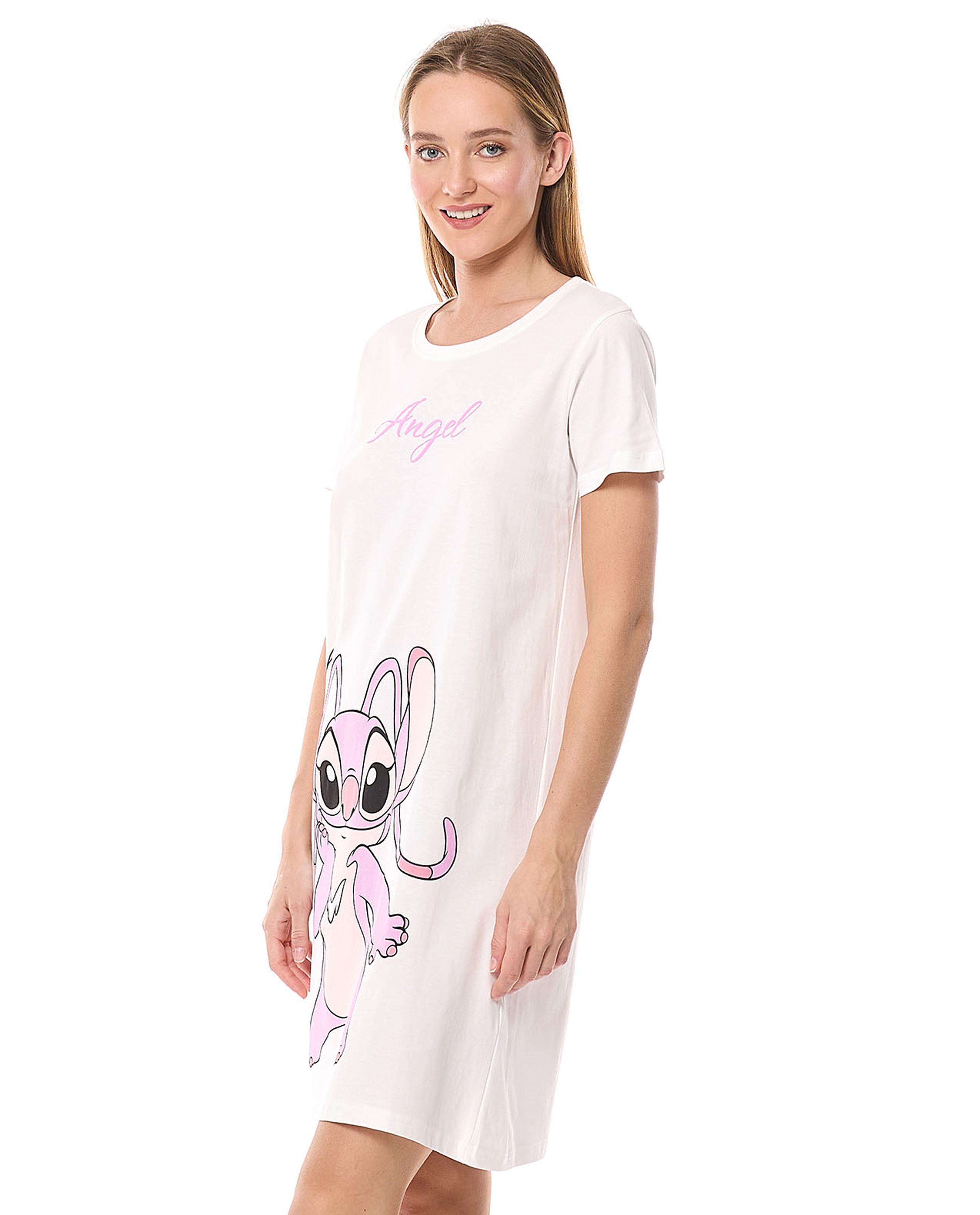Angel Printed Nightdress with Crew Neck and Short Sleeves