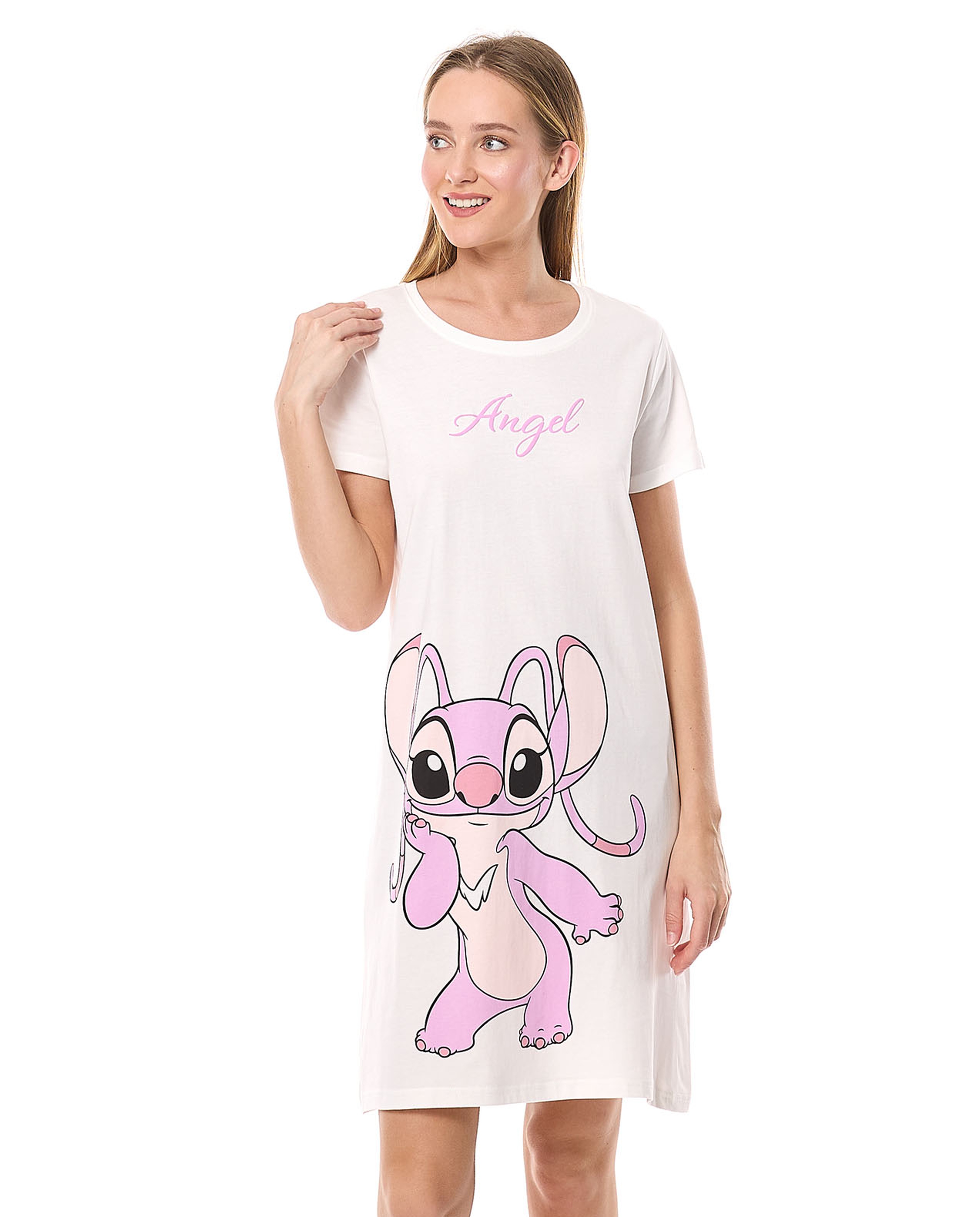 Angel Printed Nightdress with Crew Neck and Short Sleeves