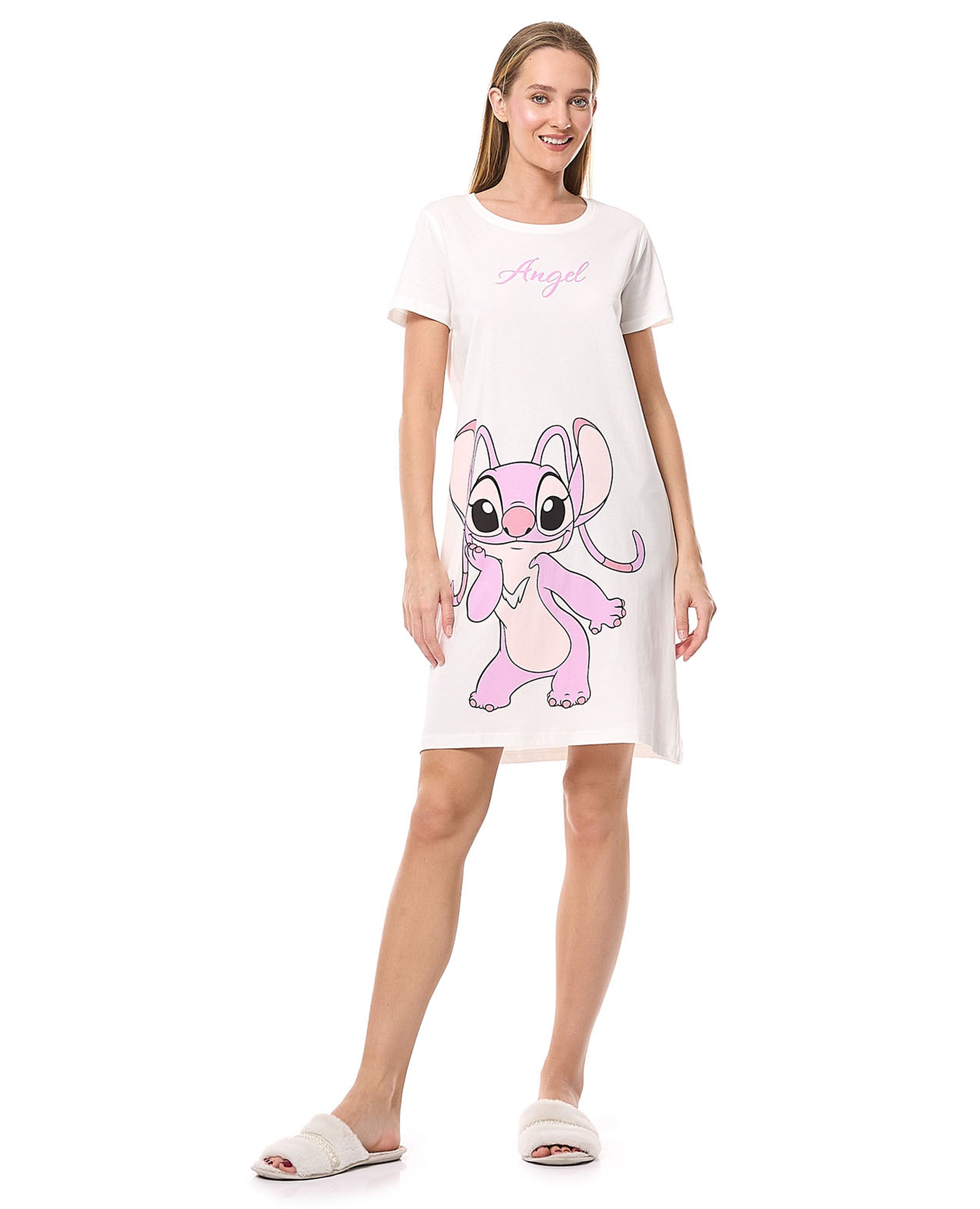 Angel Printed Nightdress with Crew Neck and Short Sleeves