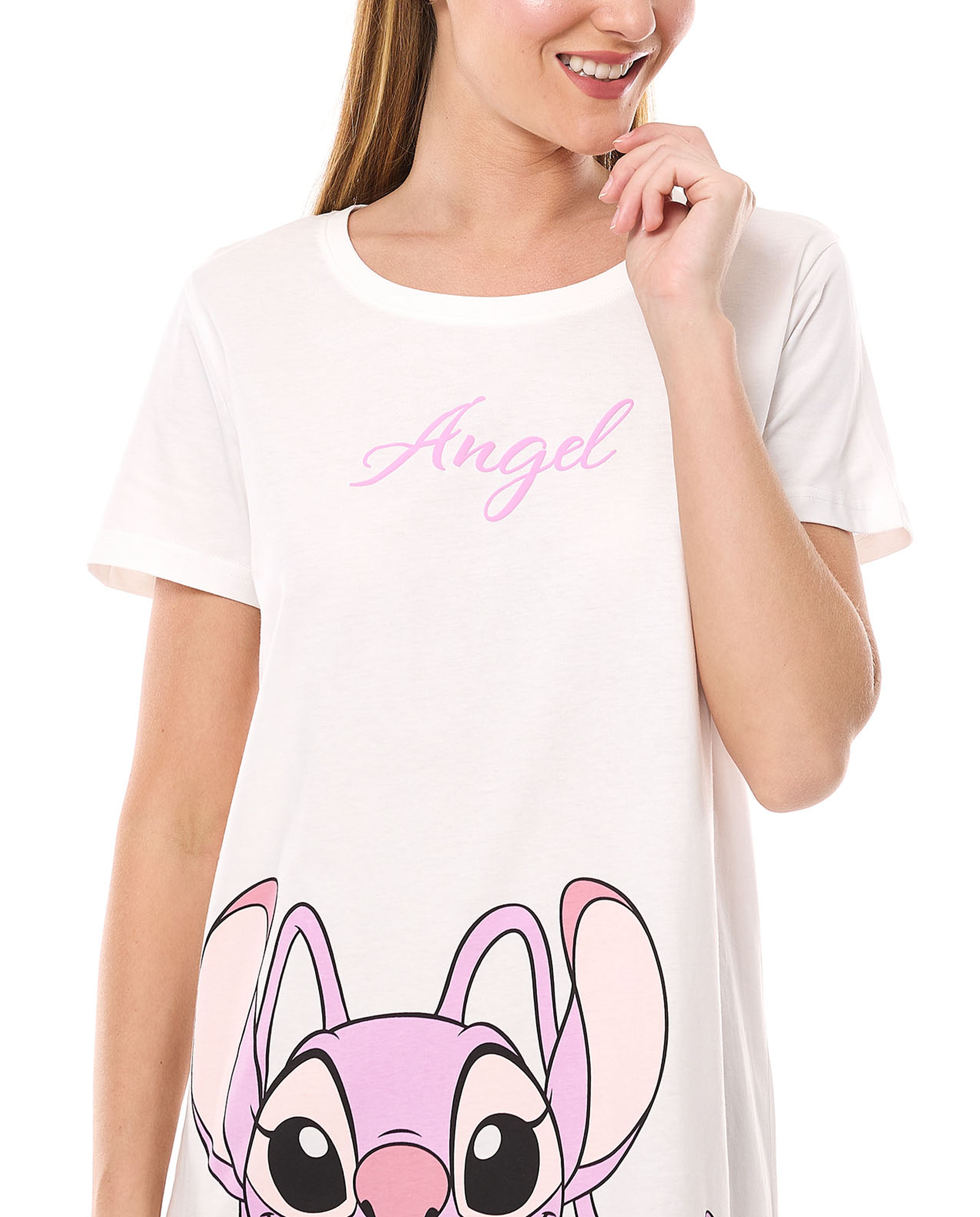 Angel Printed Nightdress with Crew Neck and Short Sleeves