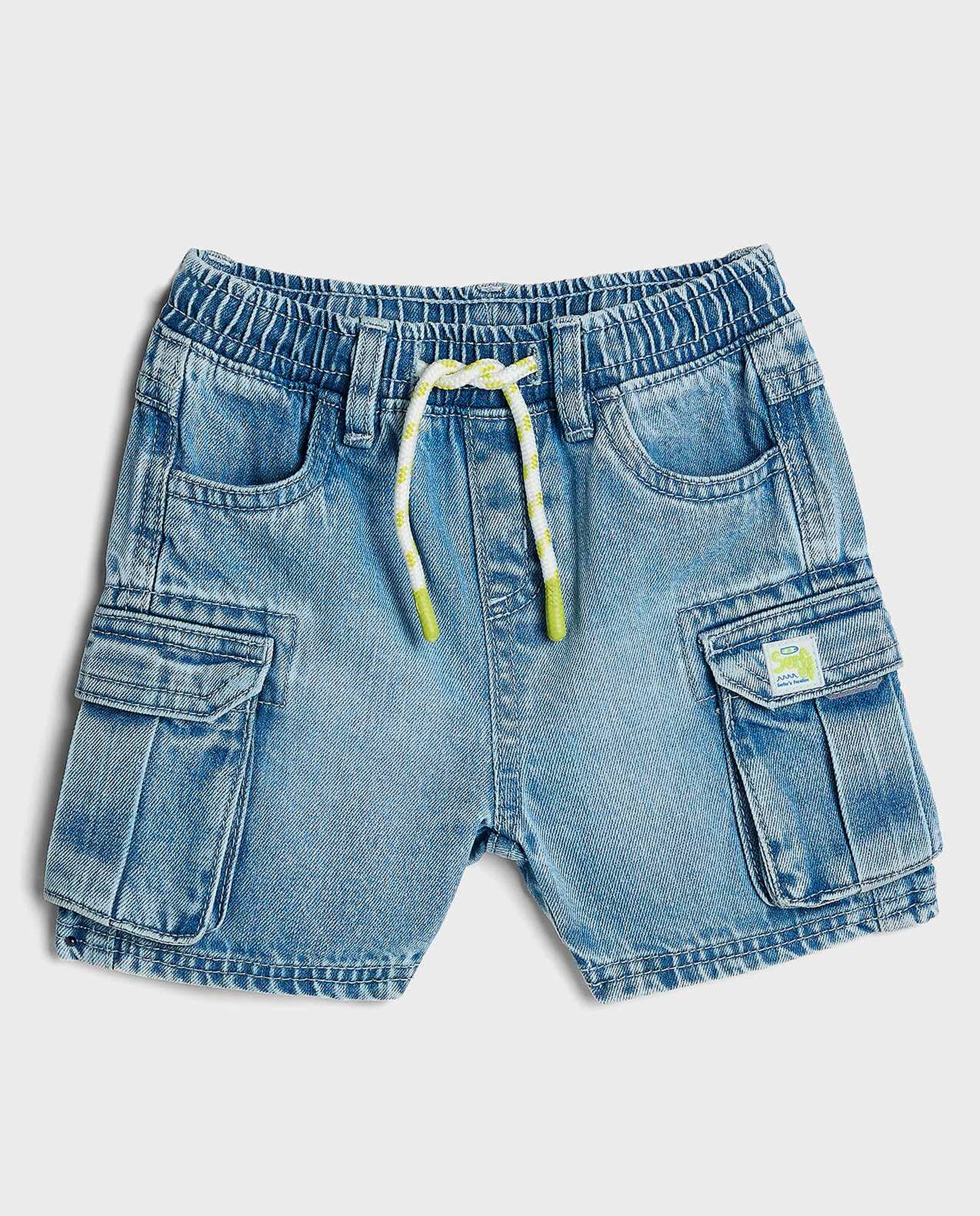 Faded Cargo Denim Shorts with Drawstring Waist