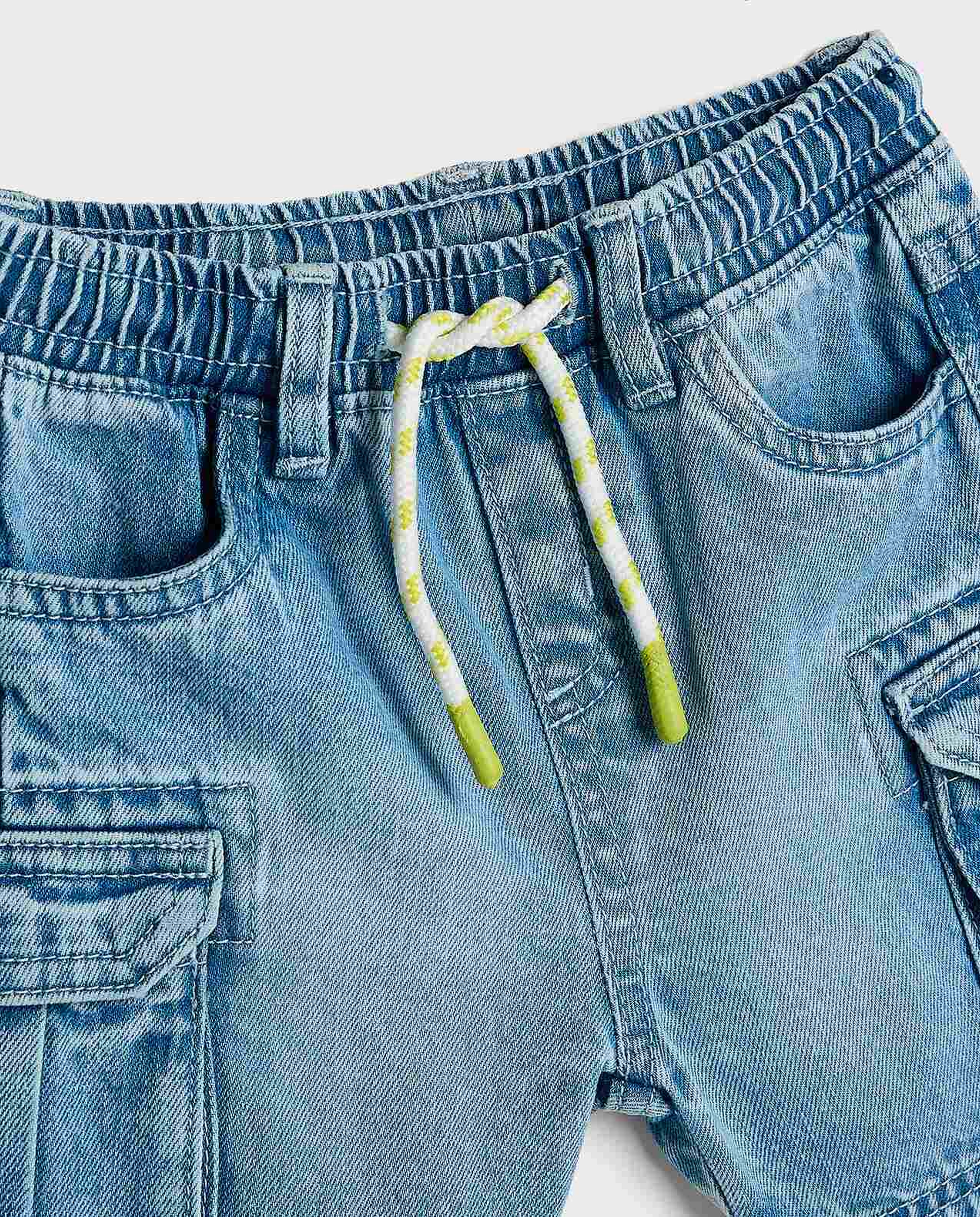 Faded Cargo Denim Shorts with Drawstring Waist