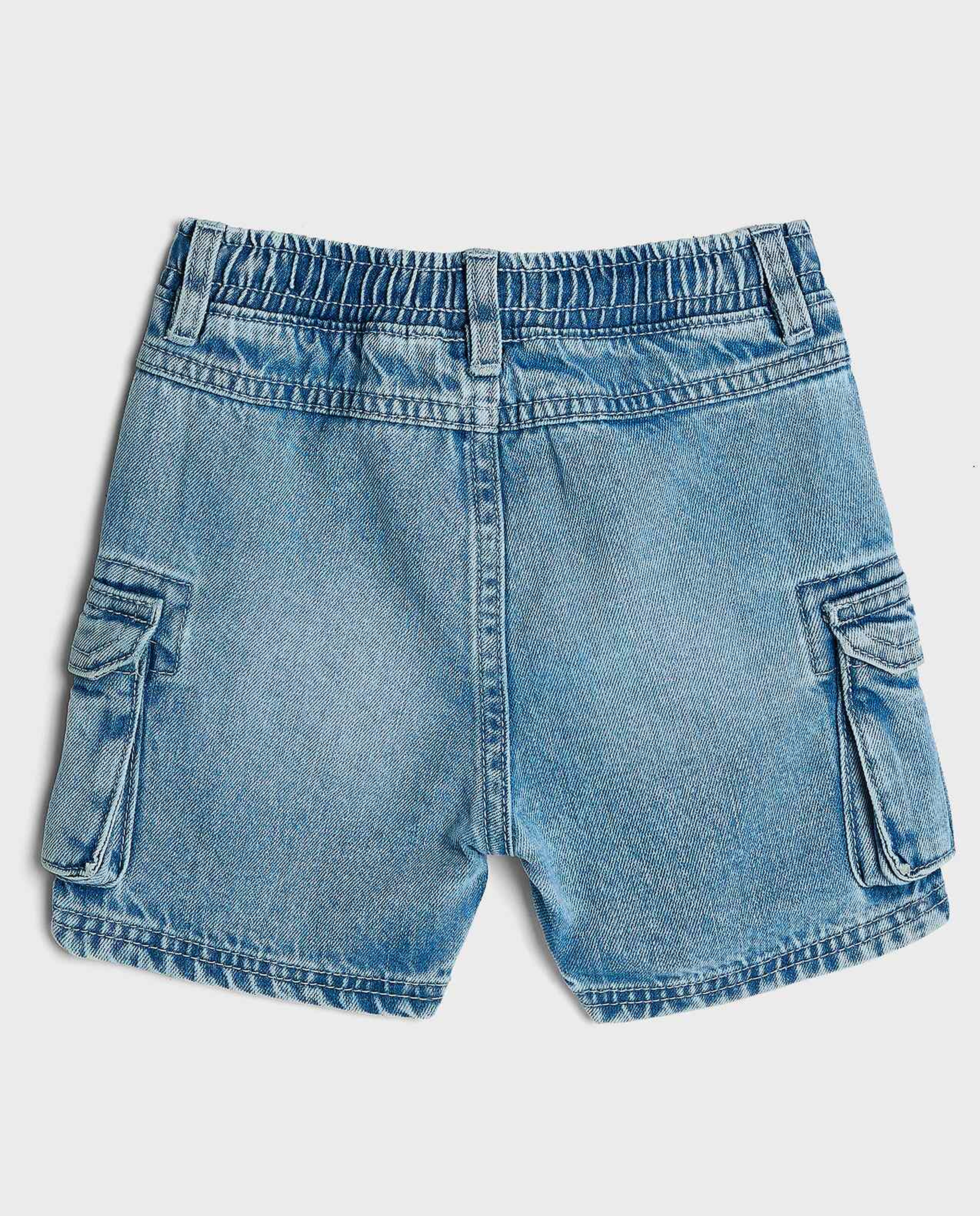 Faded Cargo Denim Shorts with Drawstring Waist