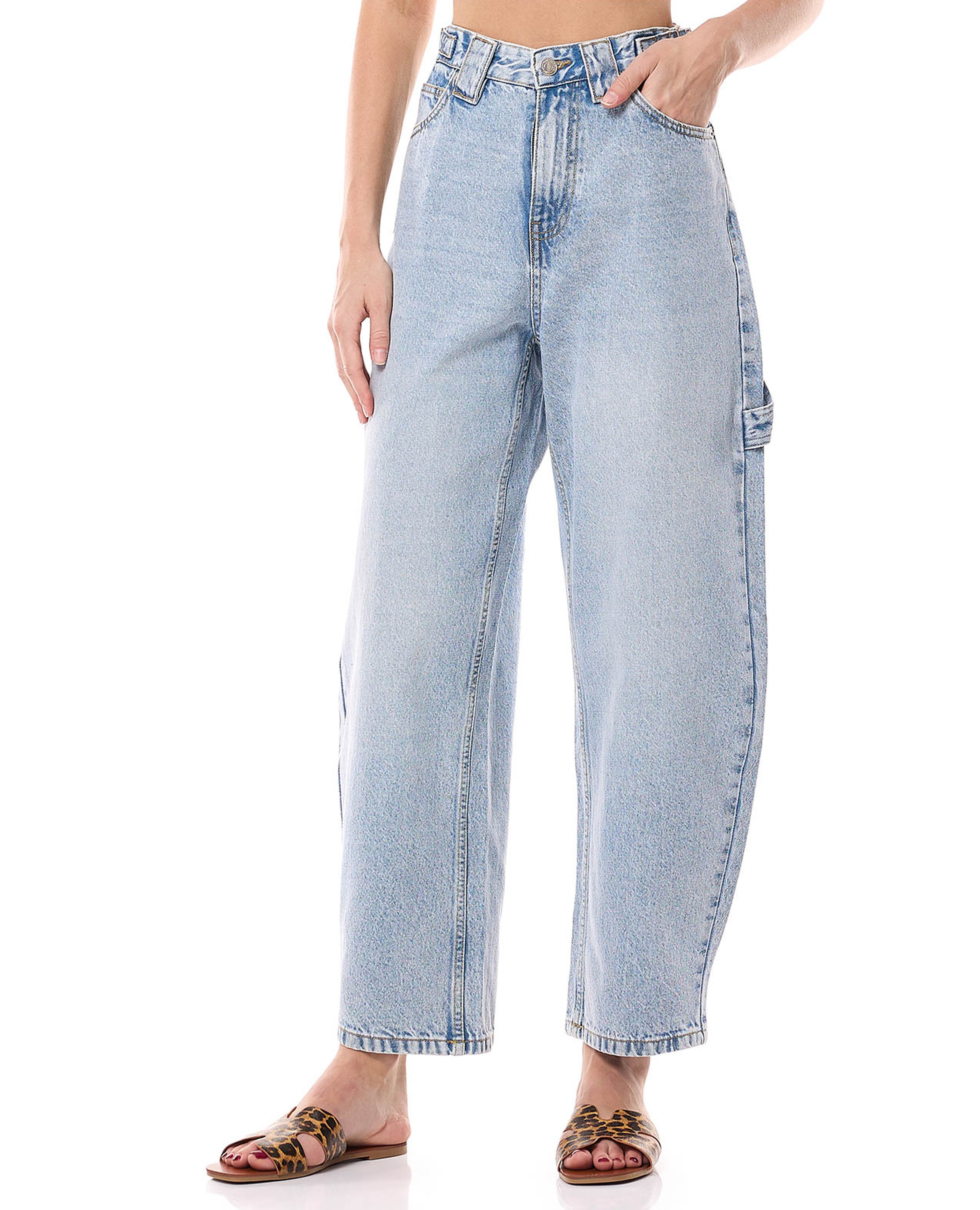 Faded Barrel Fit Jeans with Button Closure