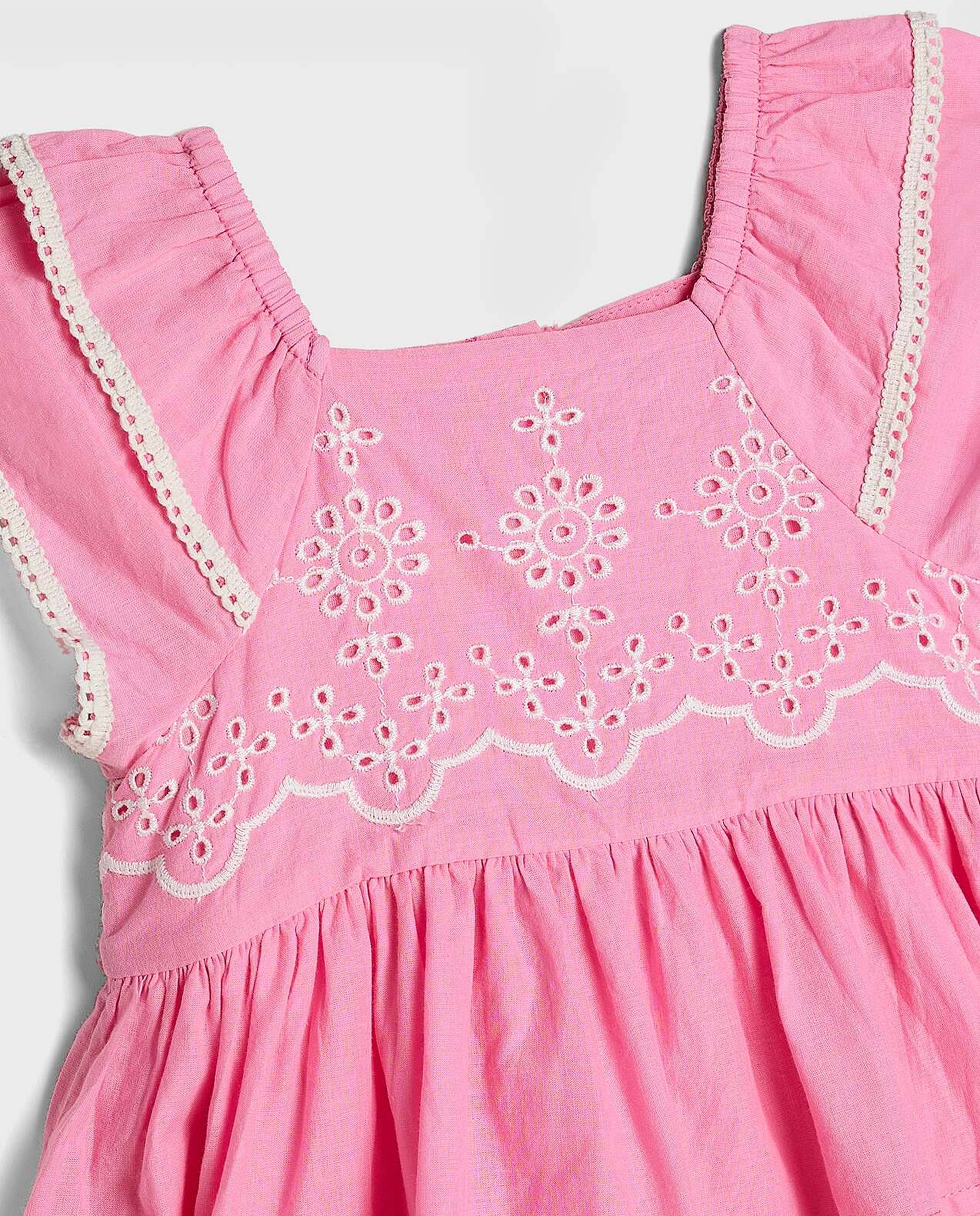 Schiffli Dress with Square Neck and Cap Sleeves