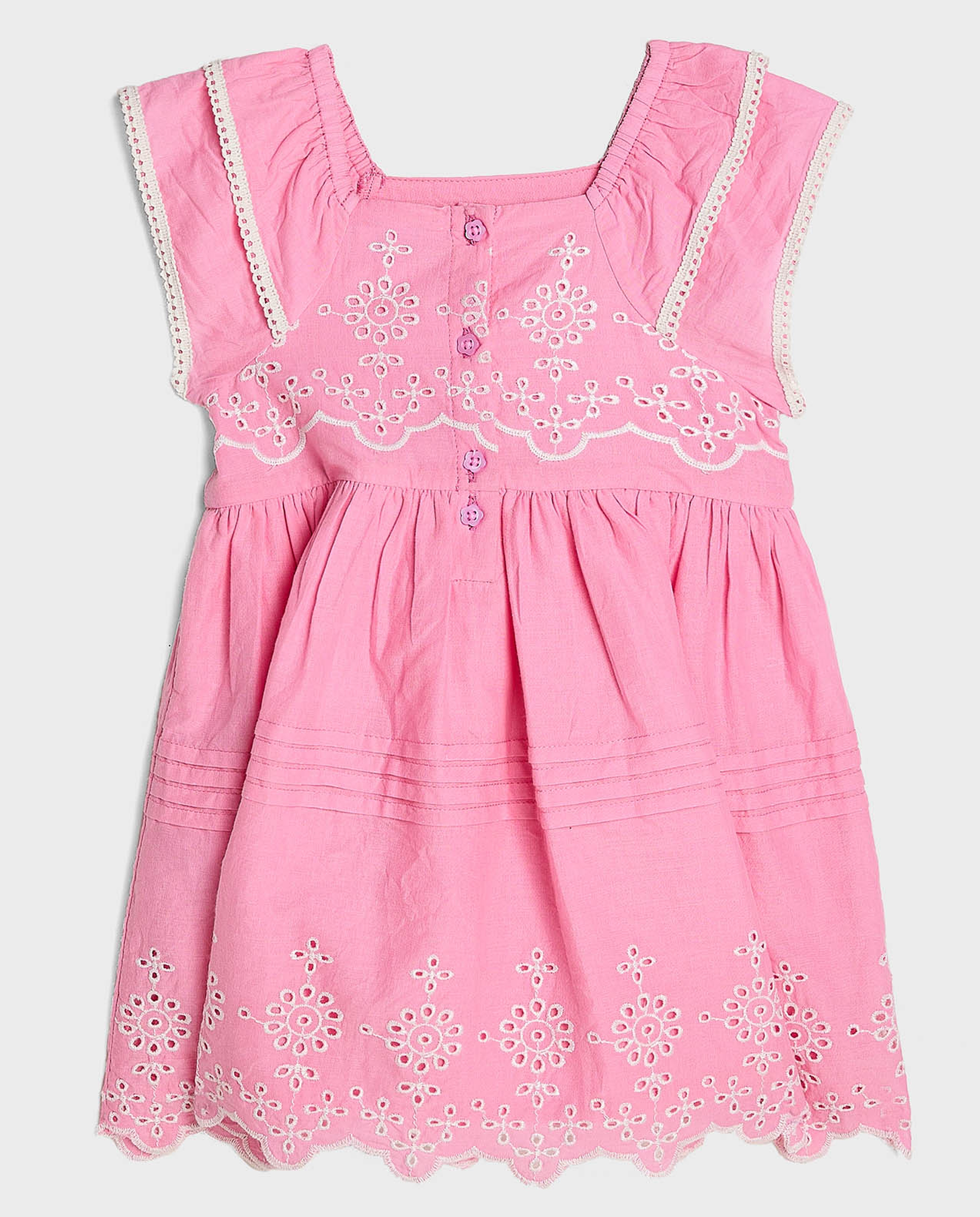 Schiffli Dress with Square Neck and Cap Sleeves