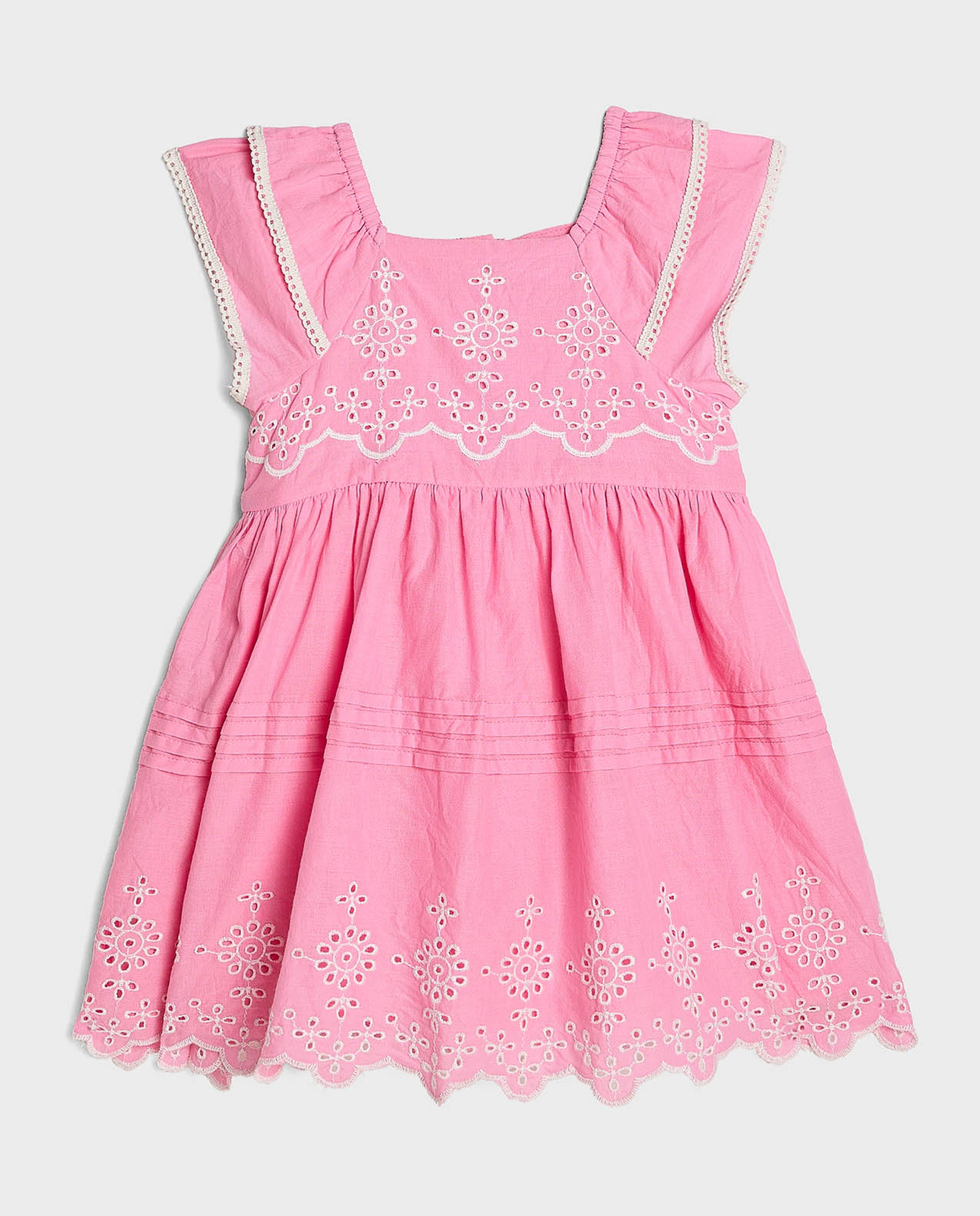 Schiffli Dress with Square Neck and Cap Sleeves