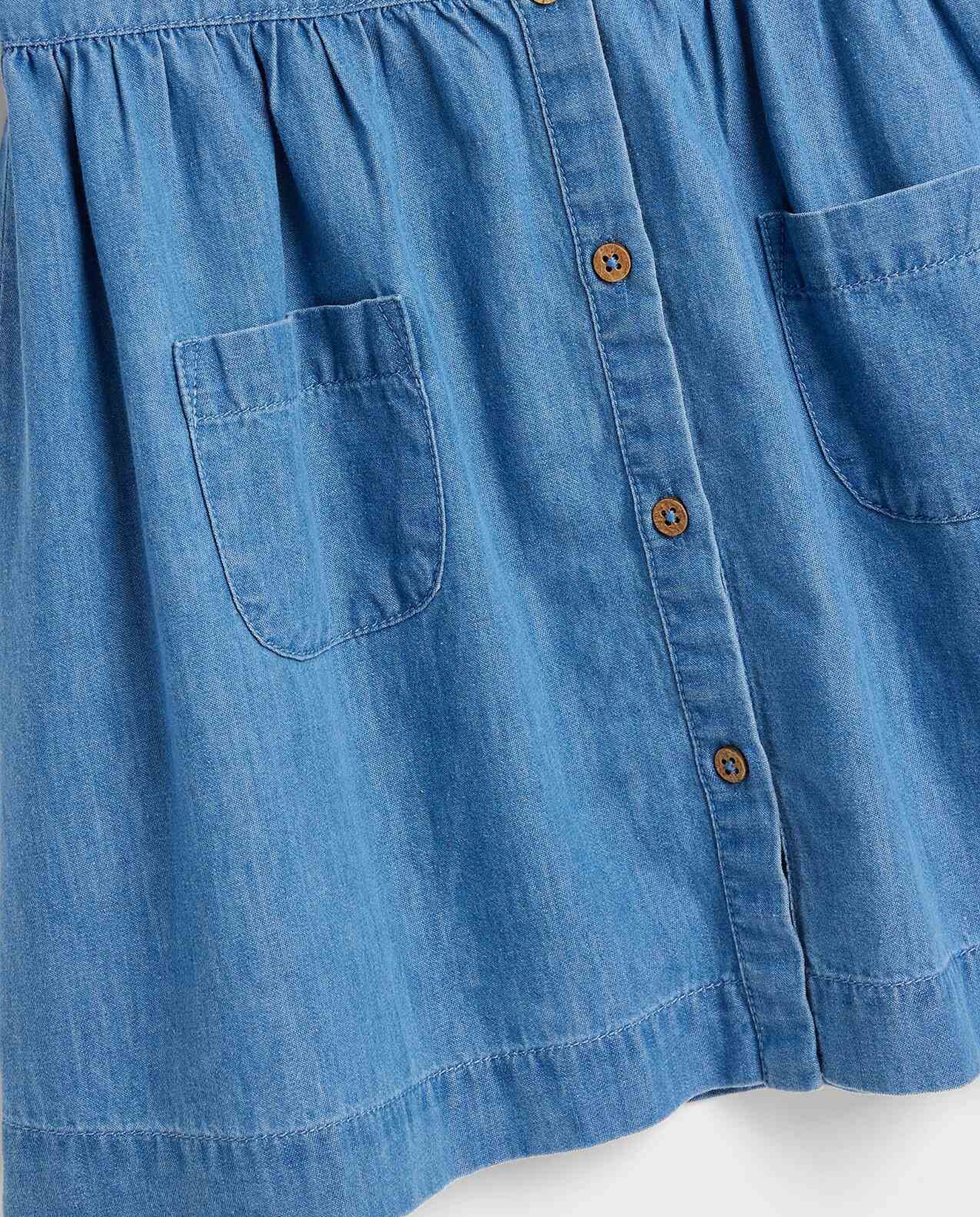 Embroidered Sleeveless Denim Dress with Round Neck