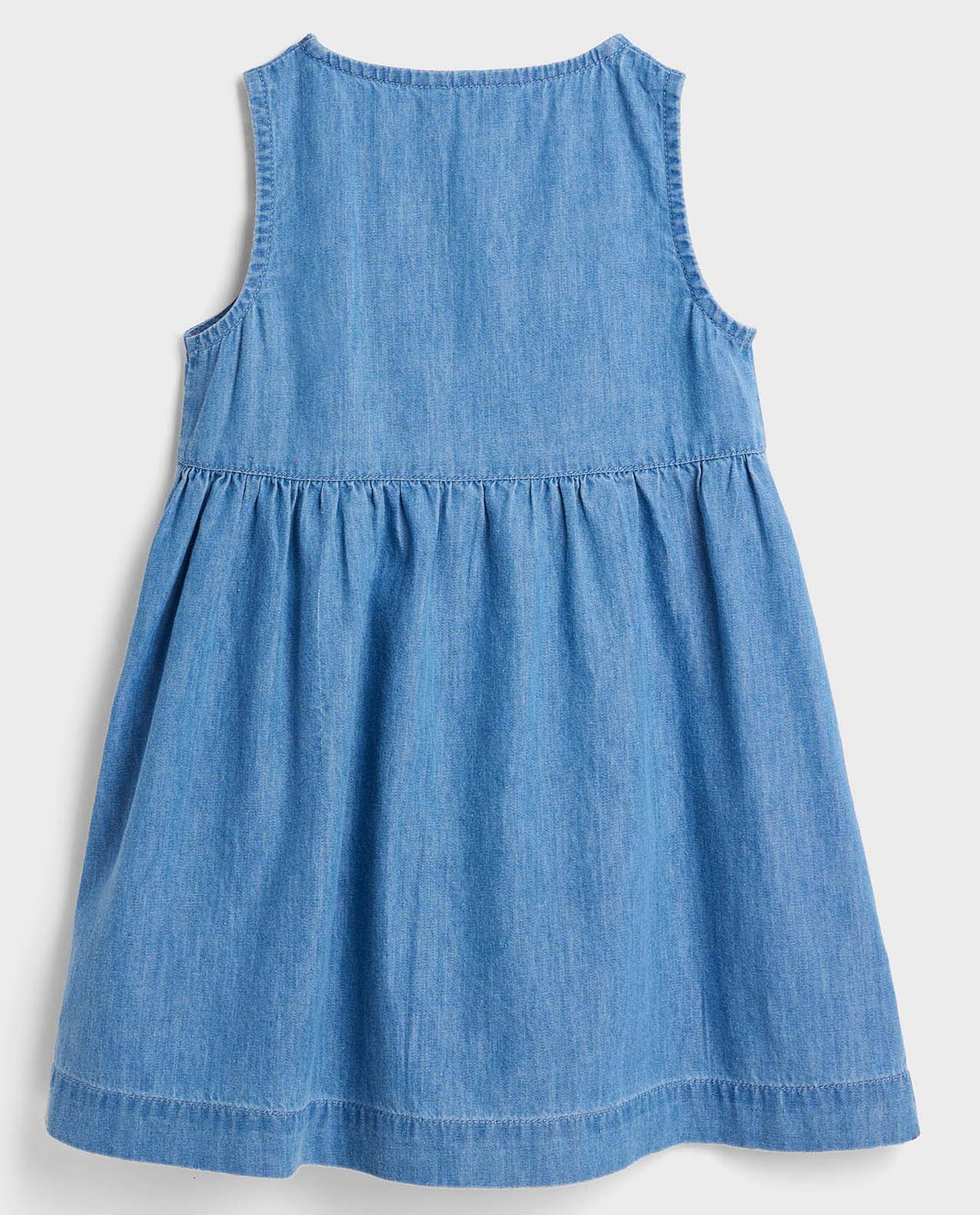Embroidered Sleeveless Denim Dress with Round Neck