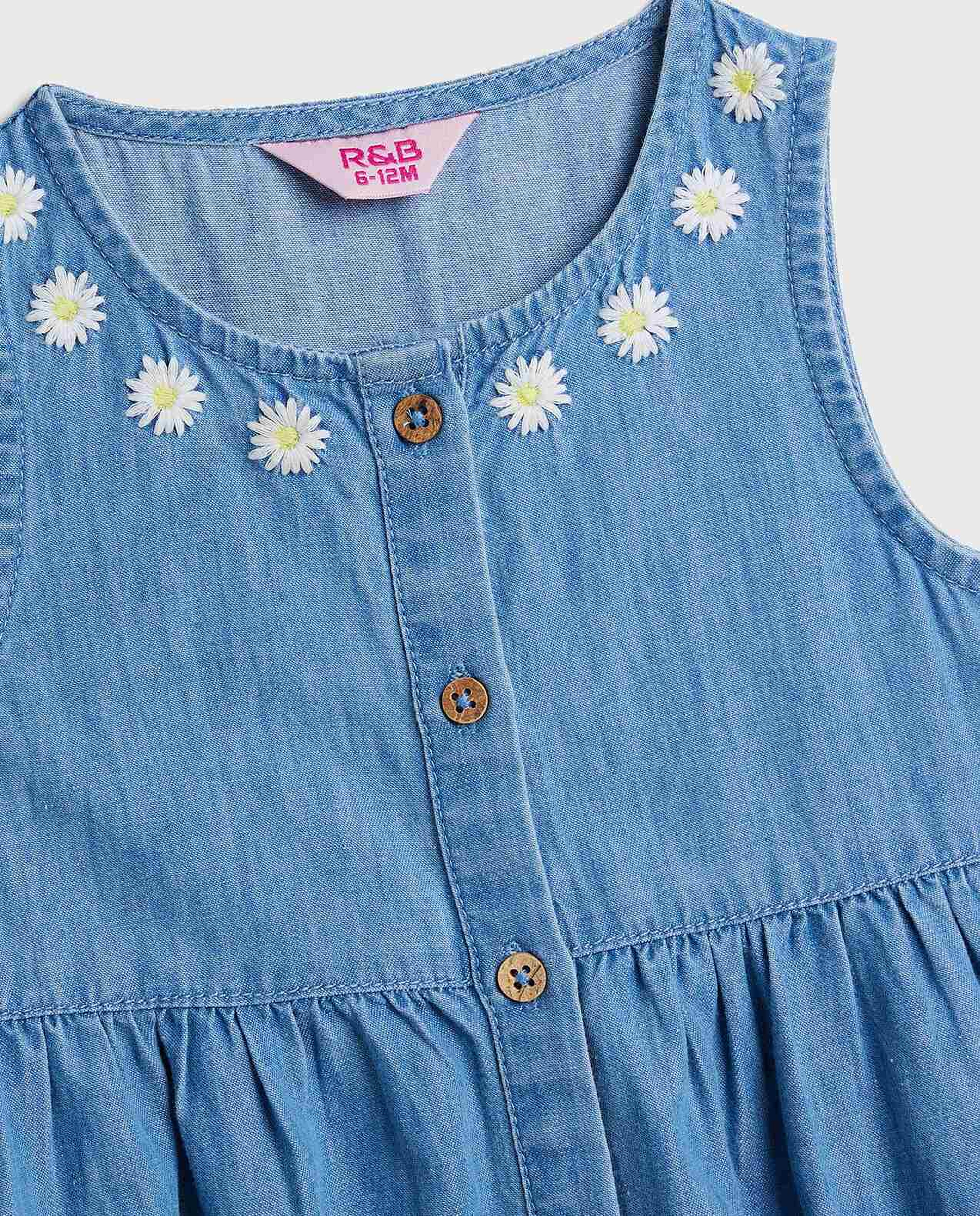 Embroidered Sleeveless Denim Dress with Round Neck