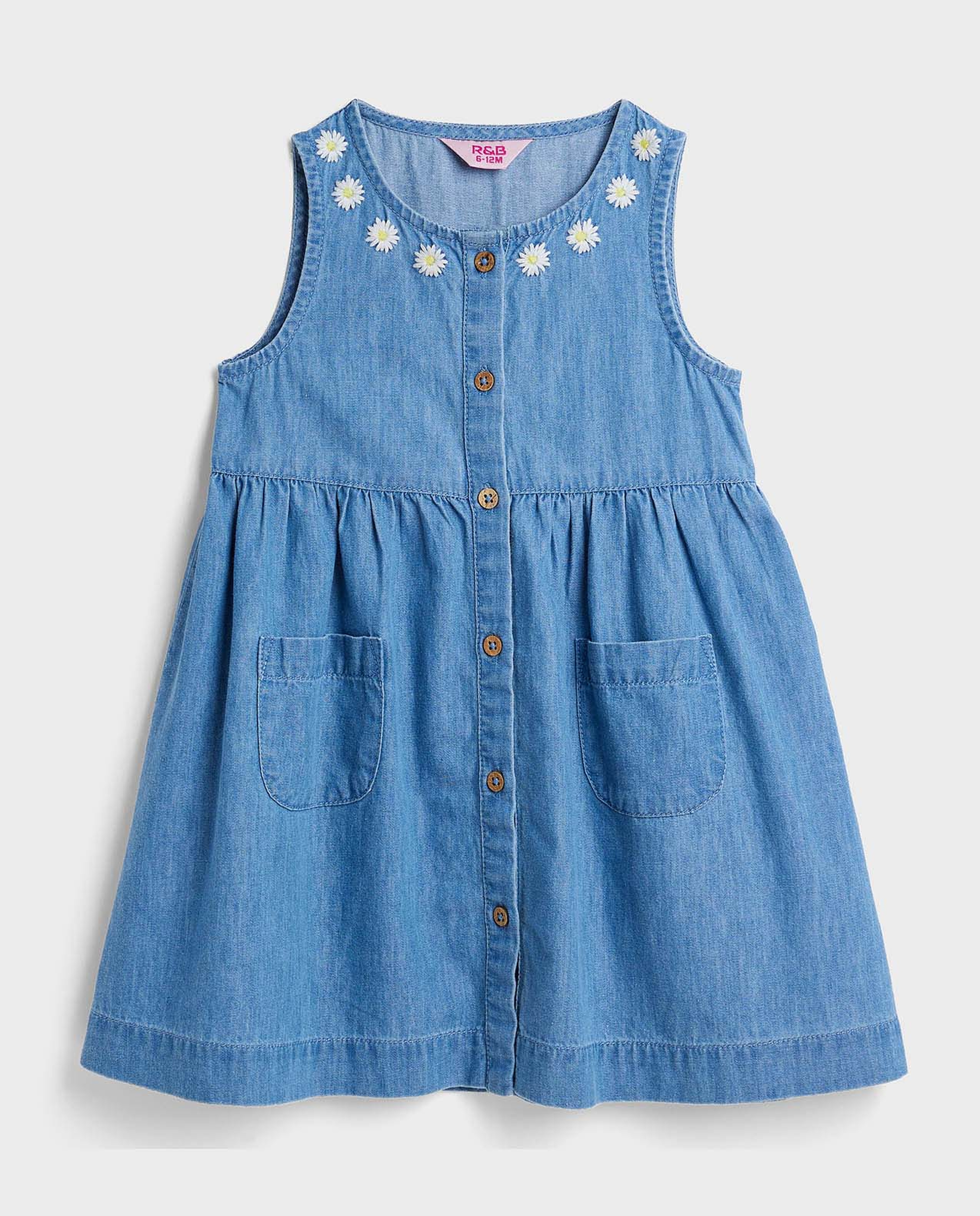 Embroidered Sleeveless Denim Dress with Round Neck