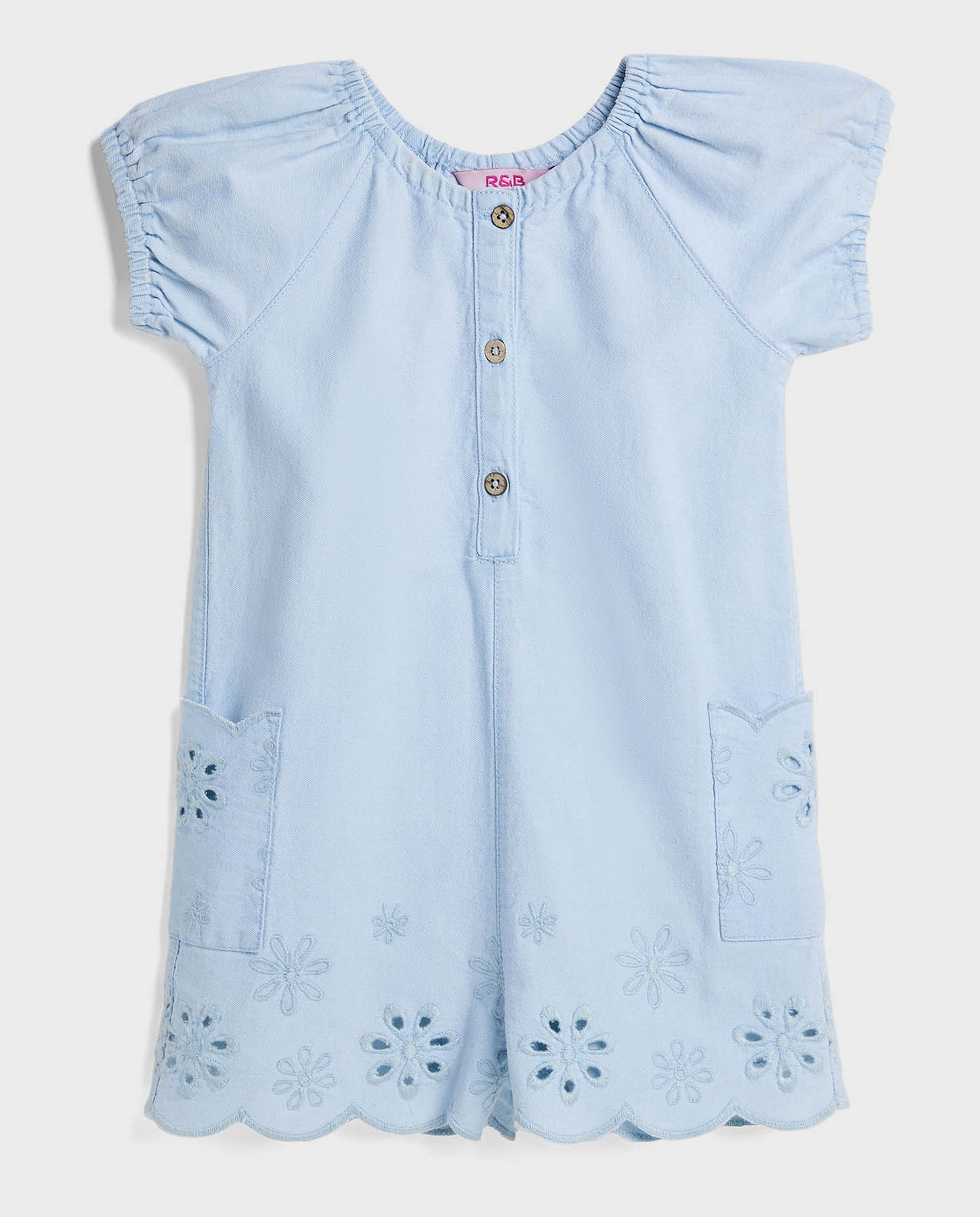 Schiffli Denim Rompers with Crew Neck and Short Sleeves