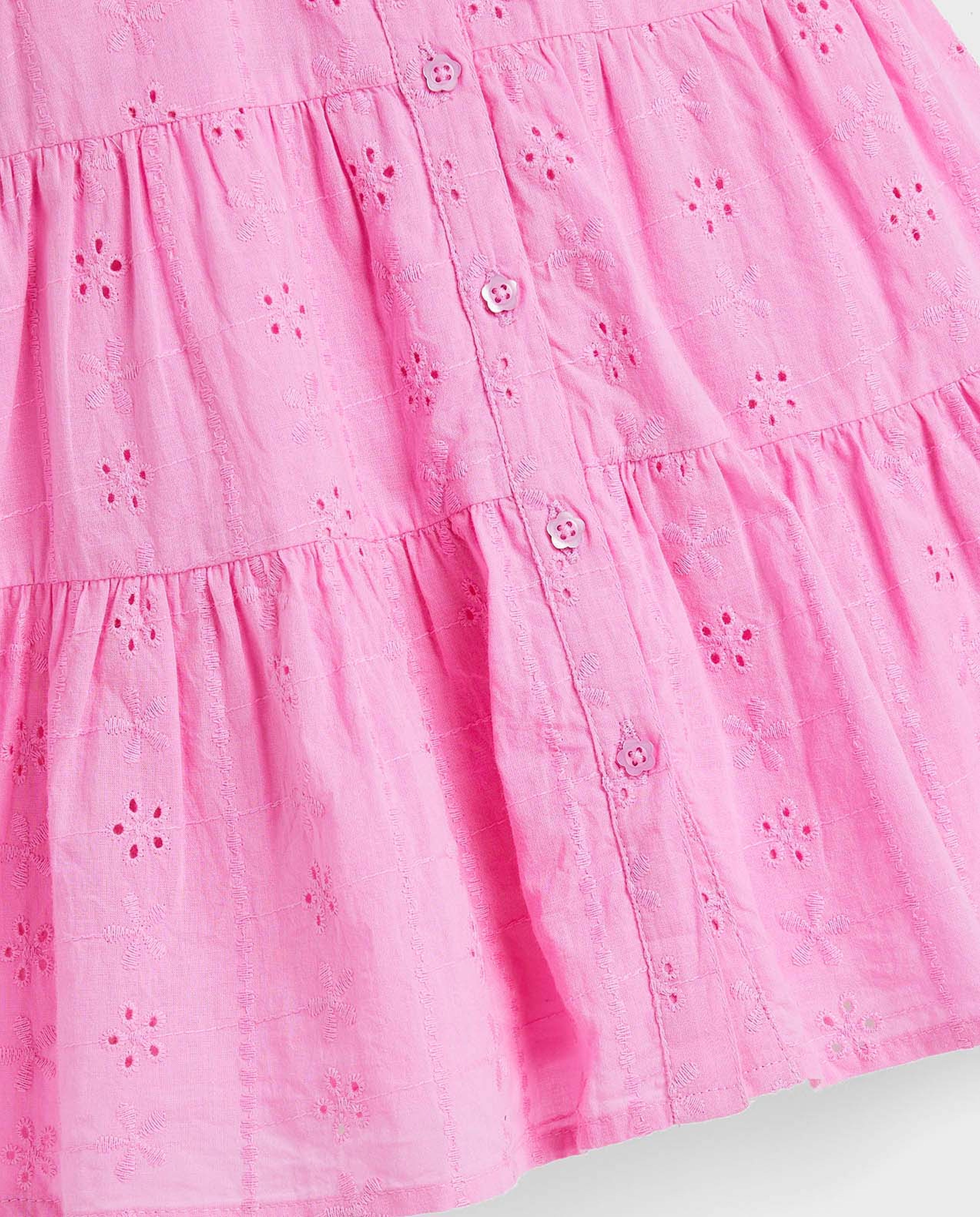 Schiffli Tiered Dress with Round Neck and Ruffle Sleeves