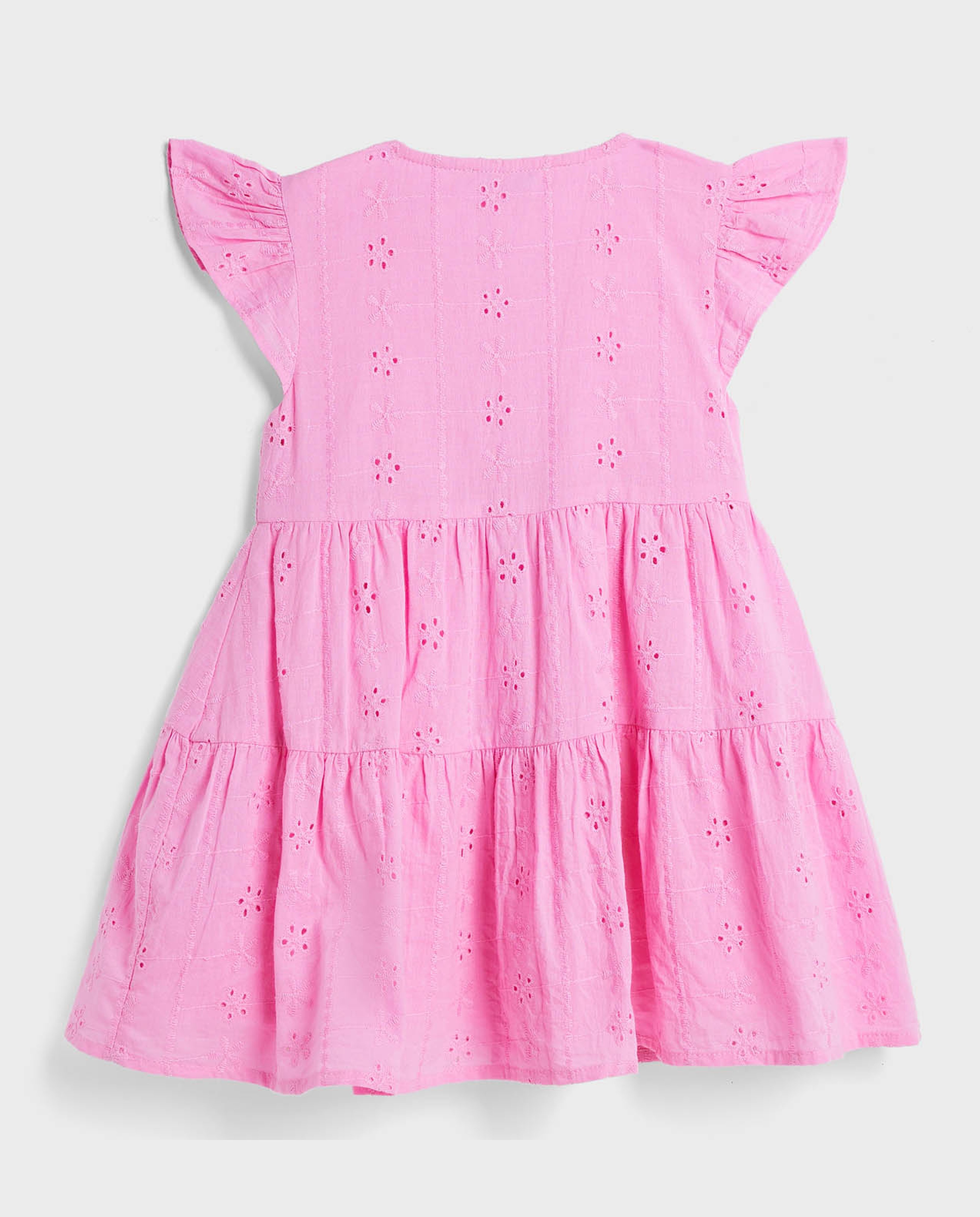 Schiffli Tiered Dress with Round Neck and Ruffle Sleeves