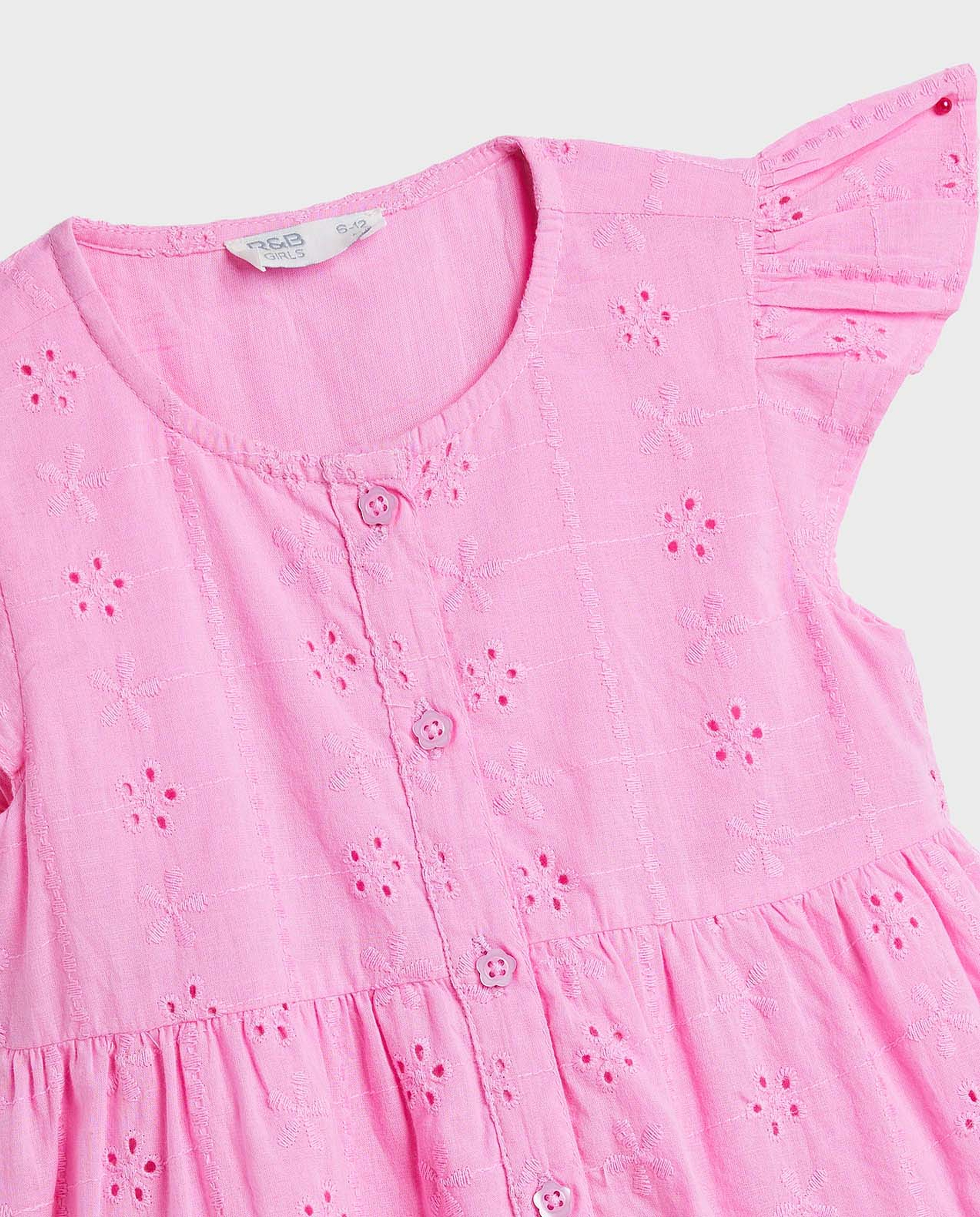 Schiffli Tiered Dress with Round Neck and Ruffle Sleeves