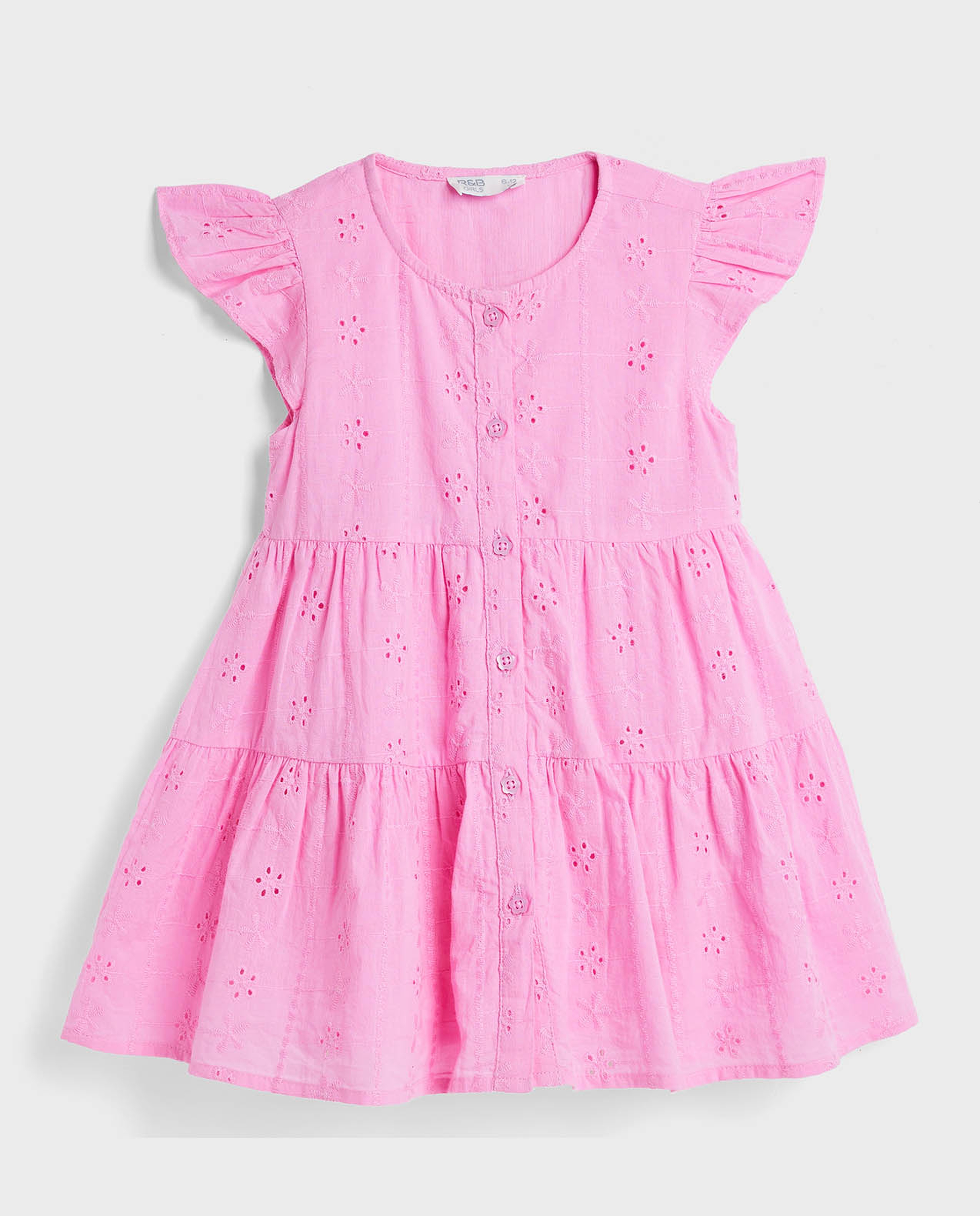 Schiffli Tiered Dress with Round Neck and Ruffle Sleeves