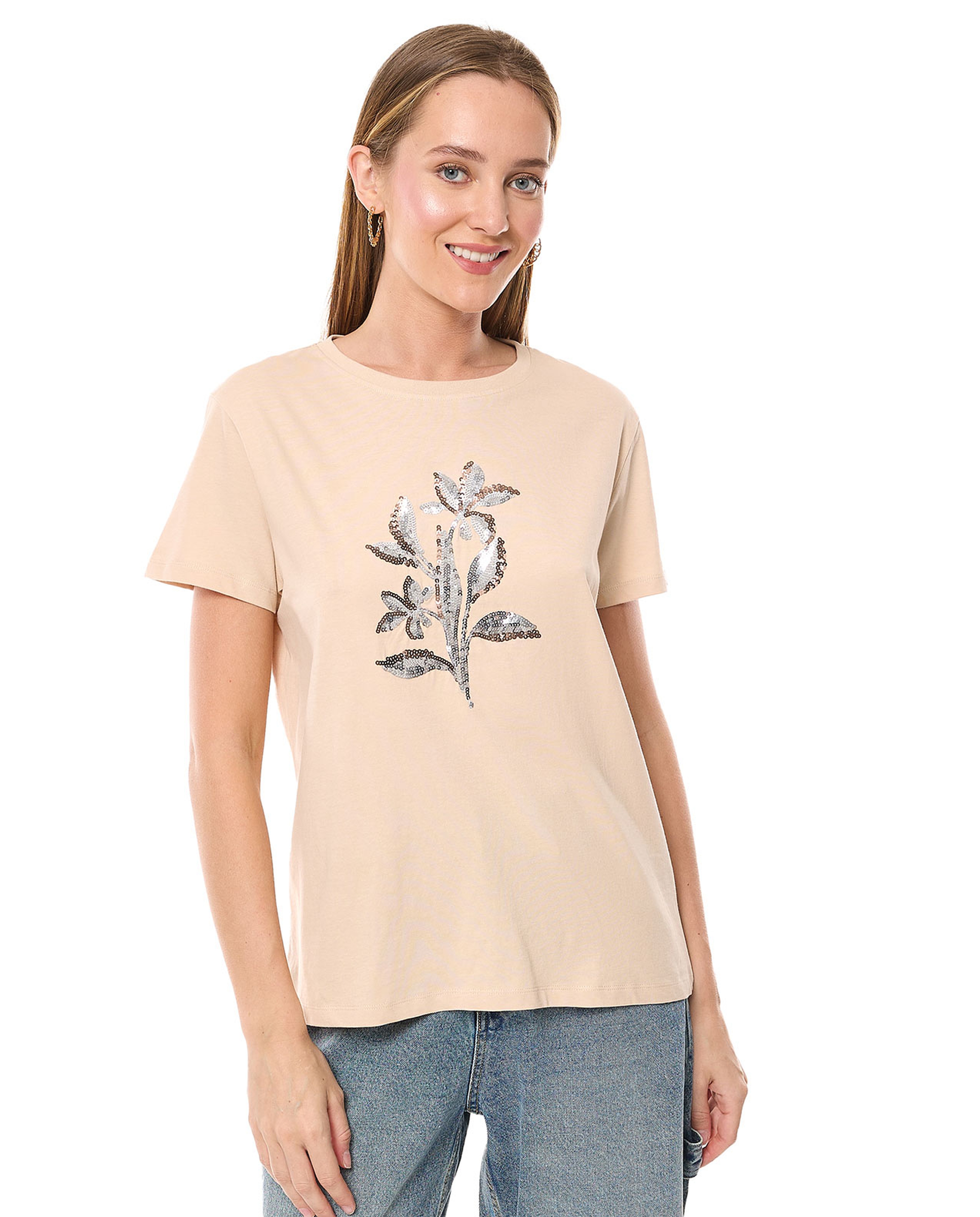 Sequined T-Shirt with Crew Neck and Short Sleeves