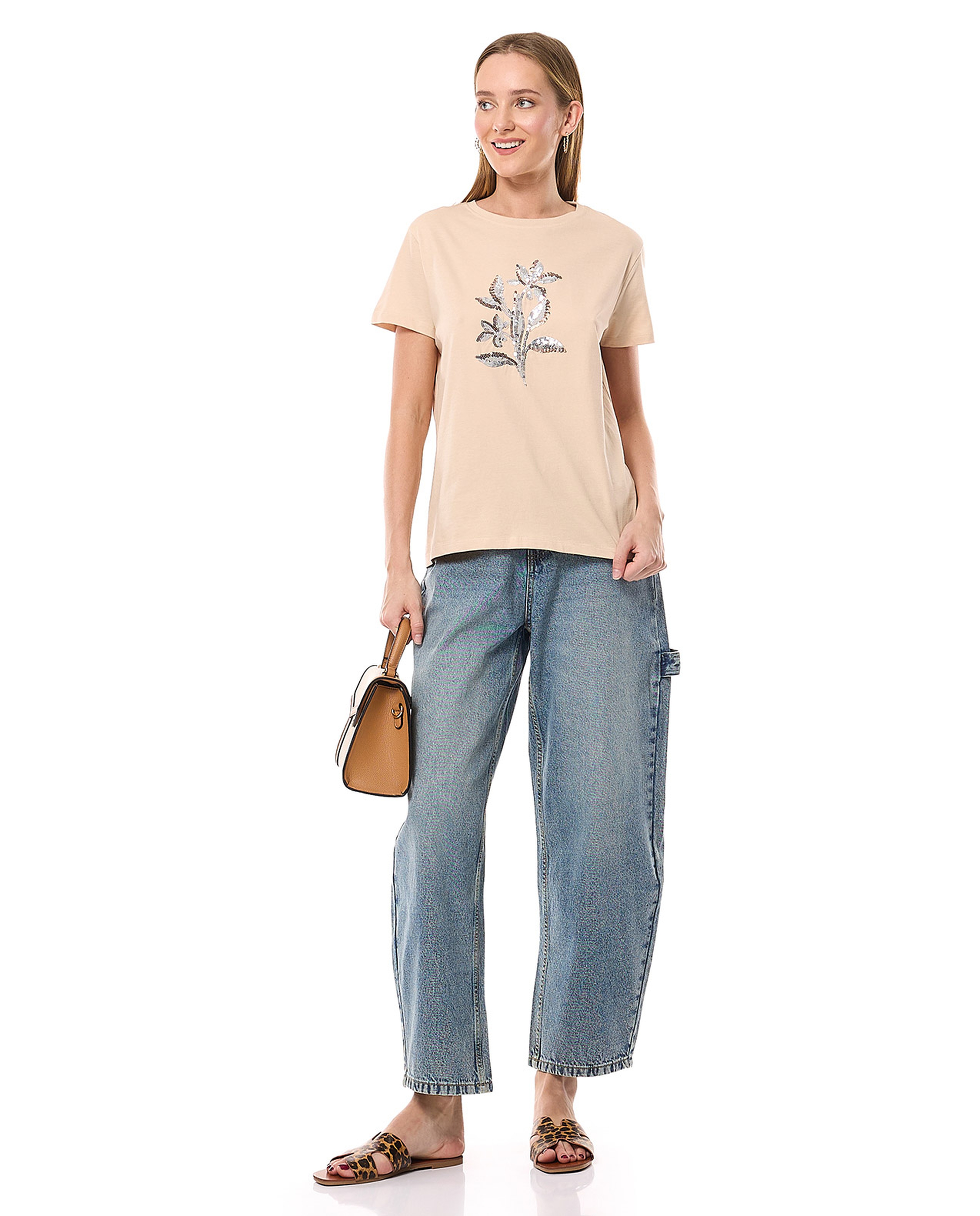 Sequined T-Shirt with Crew Neck and Short Sleeves