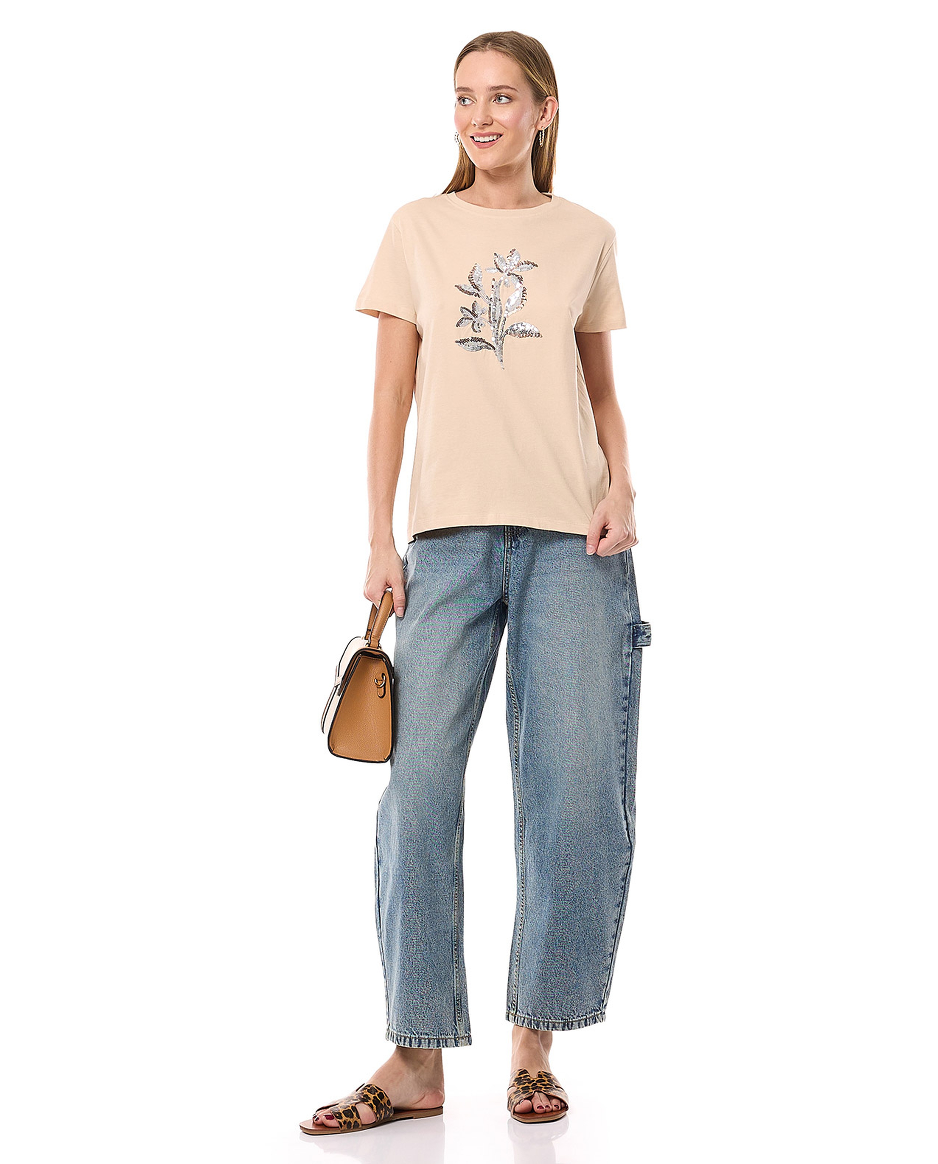 Sequined T-Shirt with Crew Neck and Short Sleeves