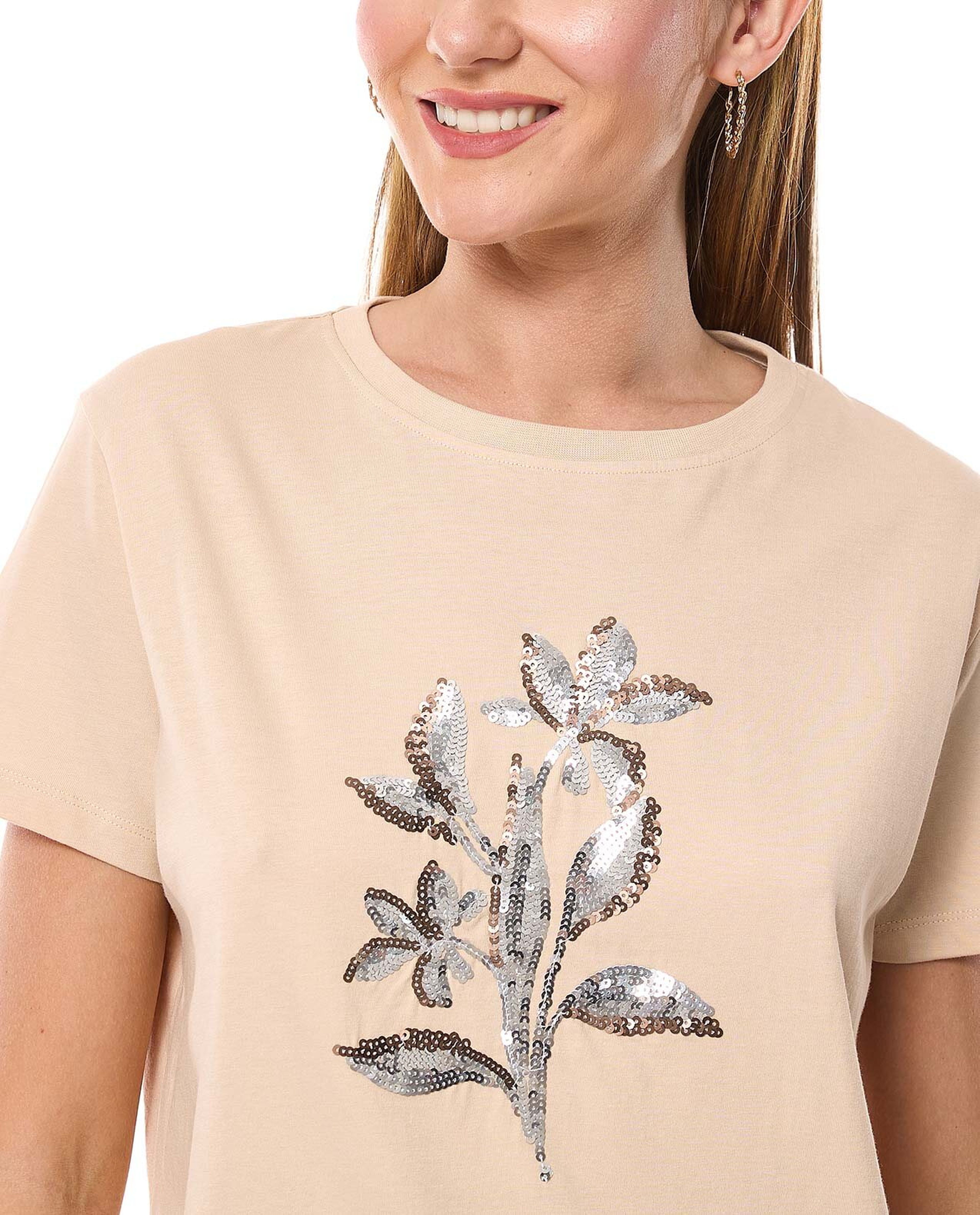 Sequined T-Shirt with Crew Neck and Short Sleeves