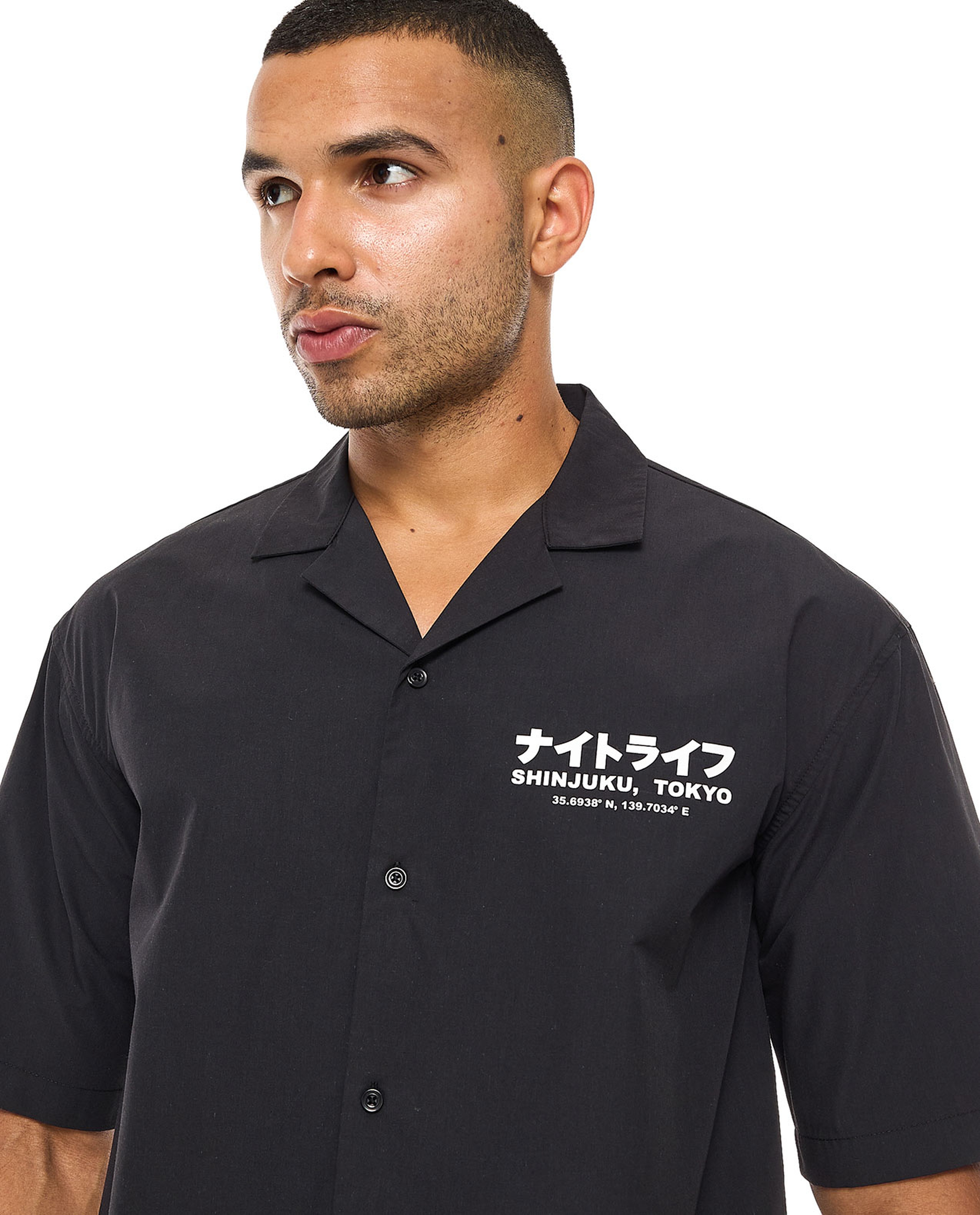 Printed Shirt with Revere Collar and Short Sleeves