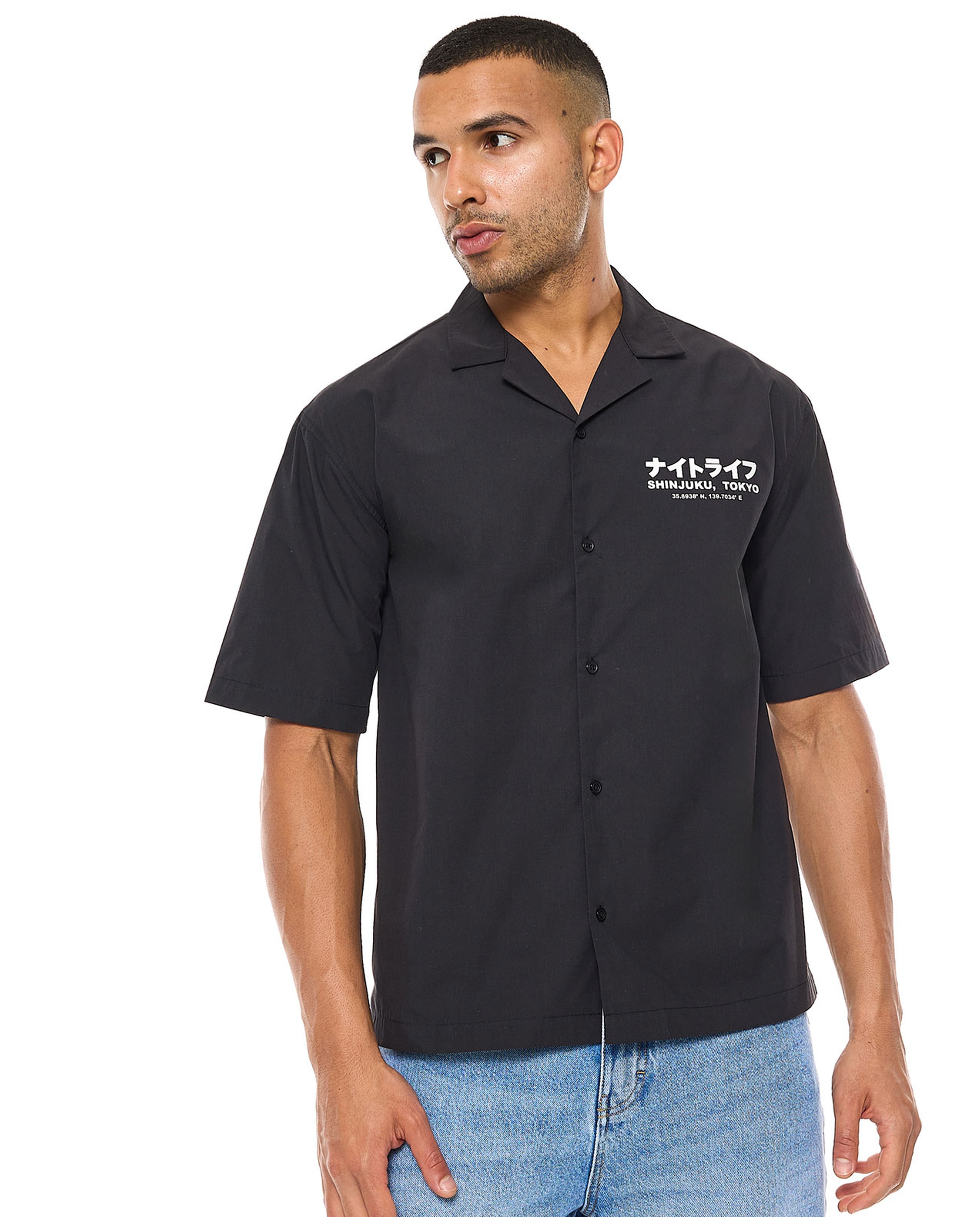 Printed Shirt with Revere Collar and Short Sleeves