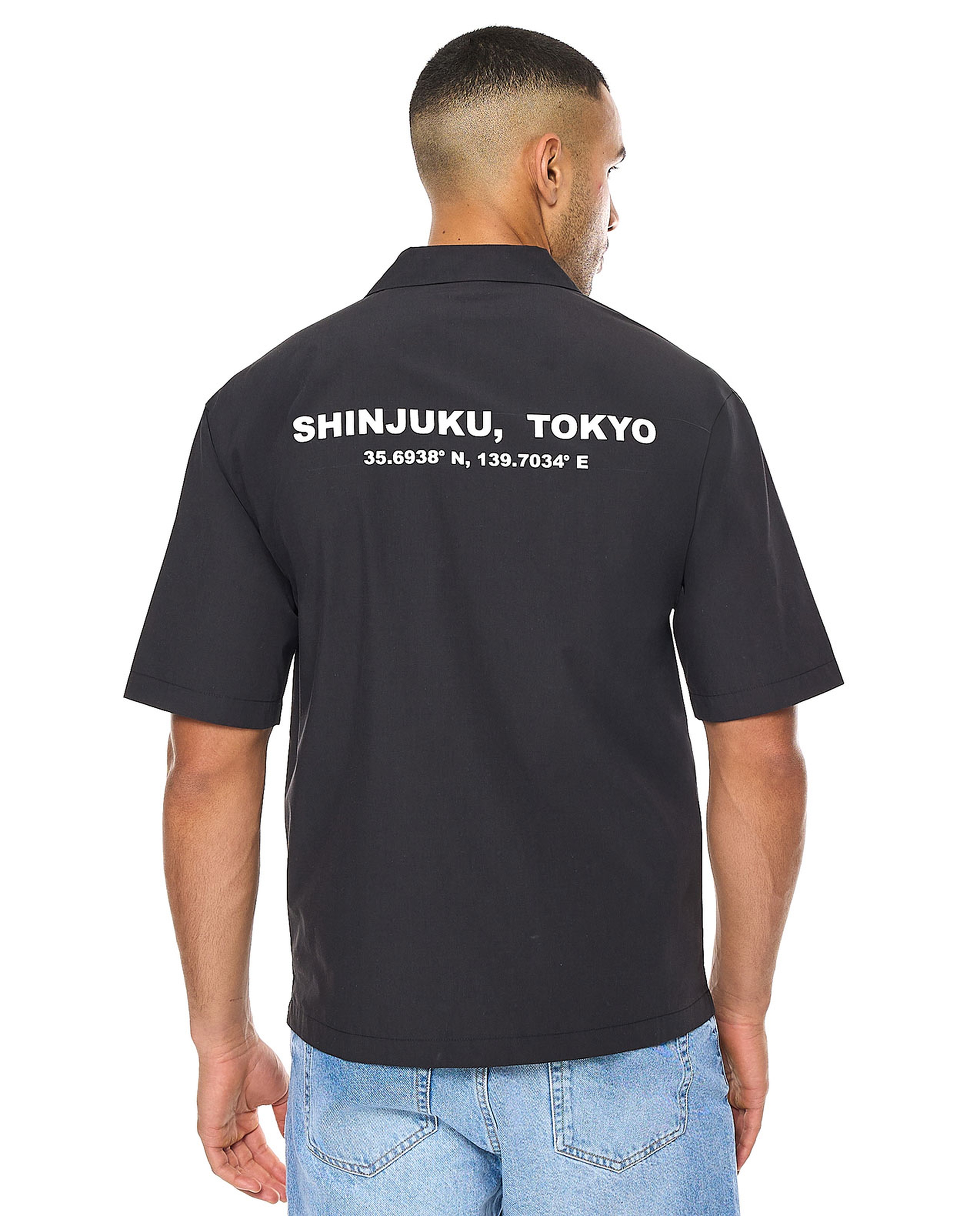 Printed Shirt with Revere Collar and Short Sleeves