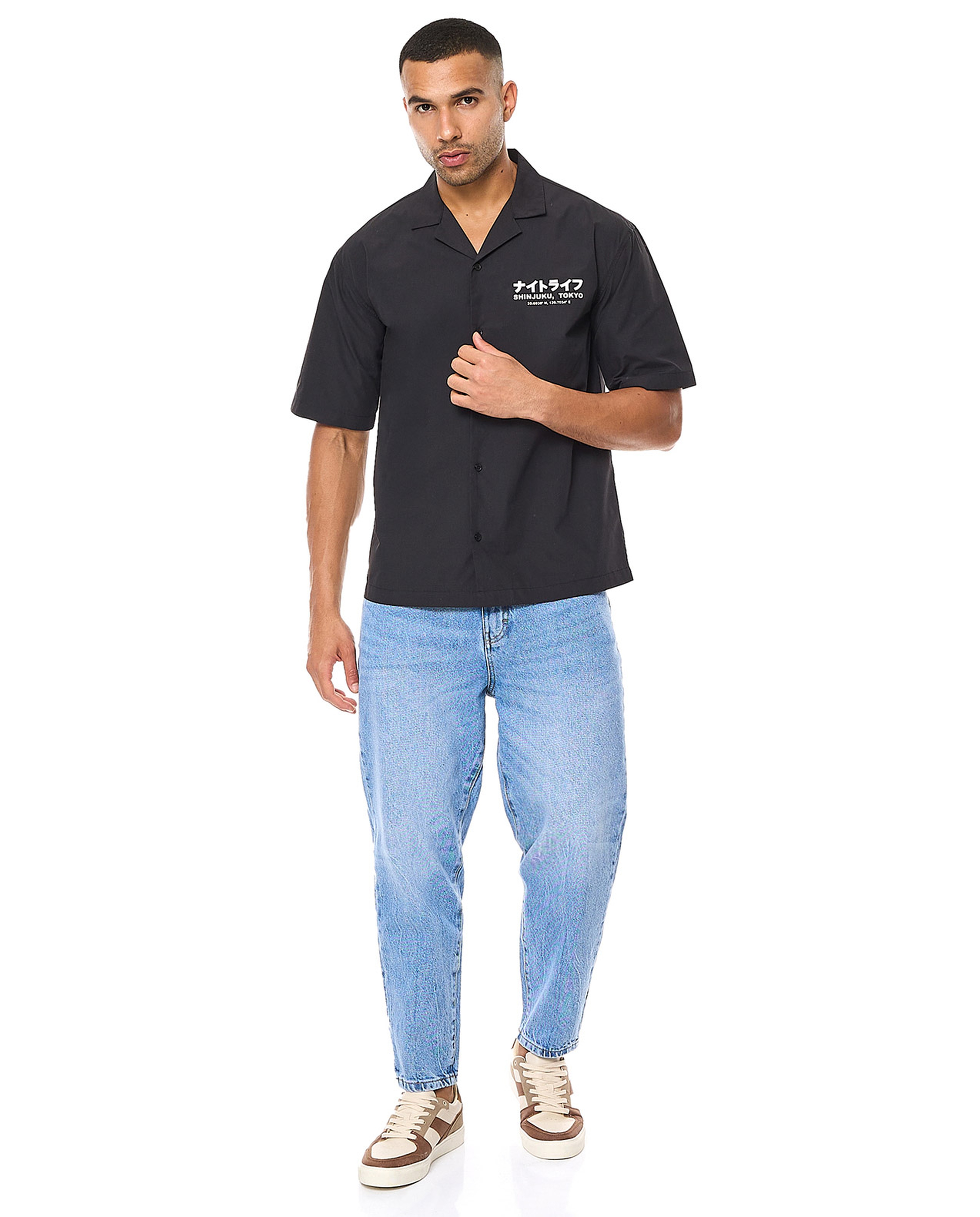 Printed Shirt with Revere Collar and Short Sleeves