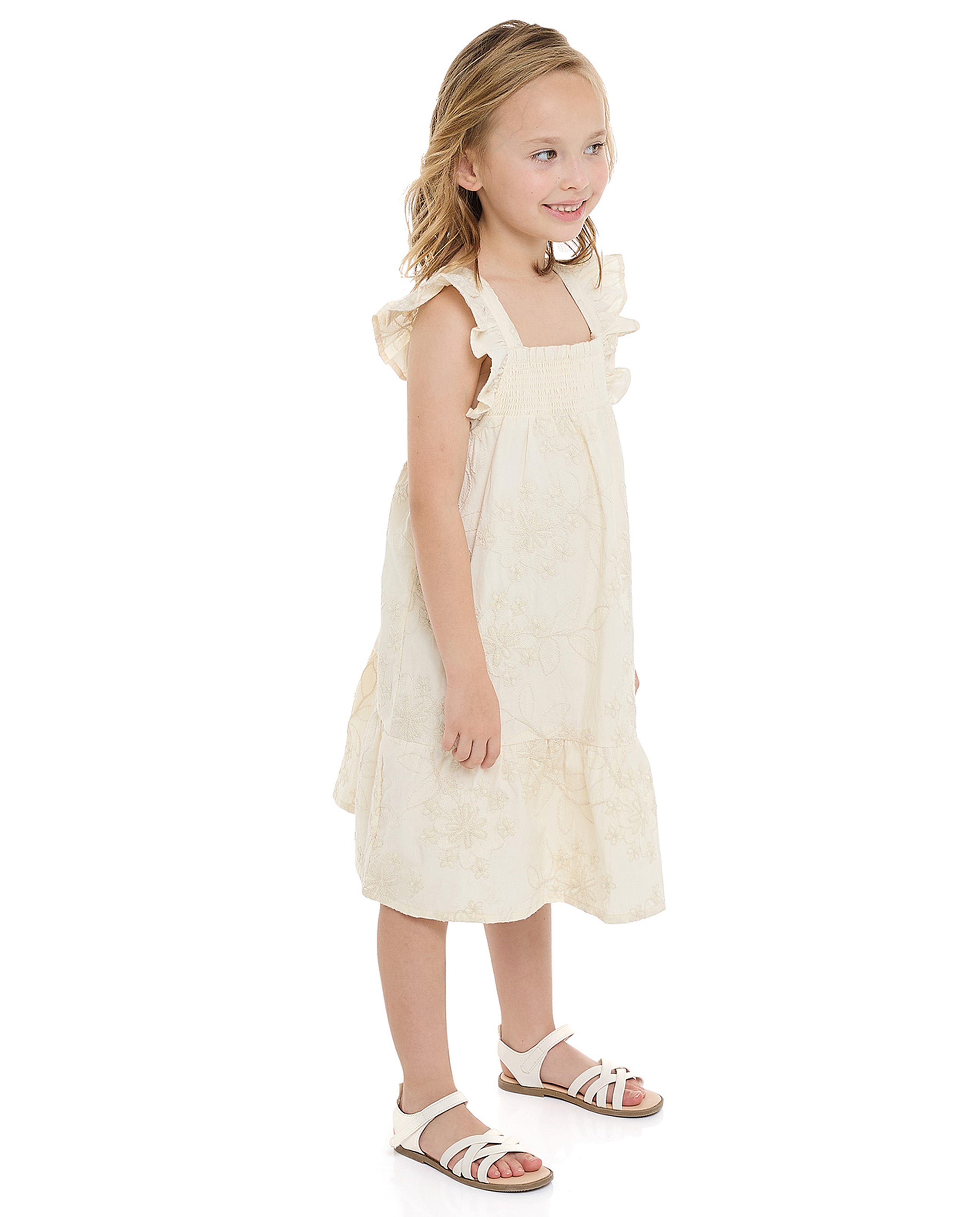 Embroidered Dress with Square Neck and Flutter Sleeves