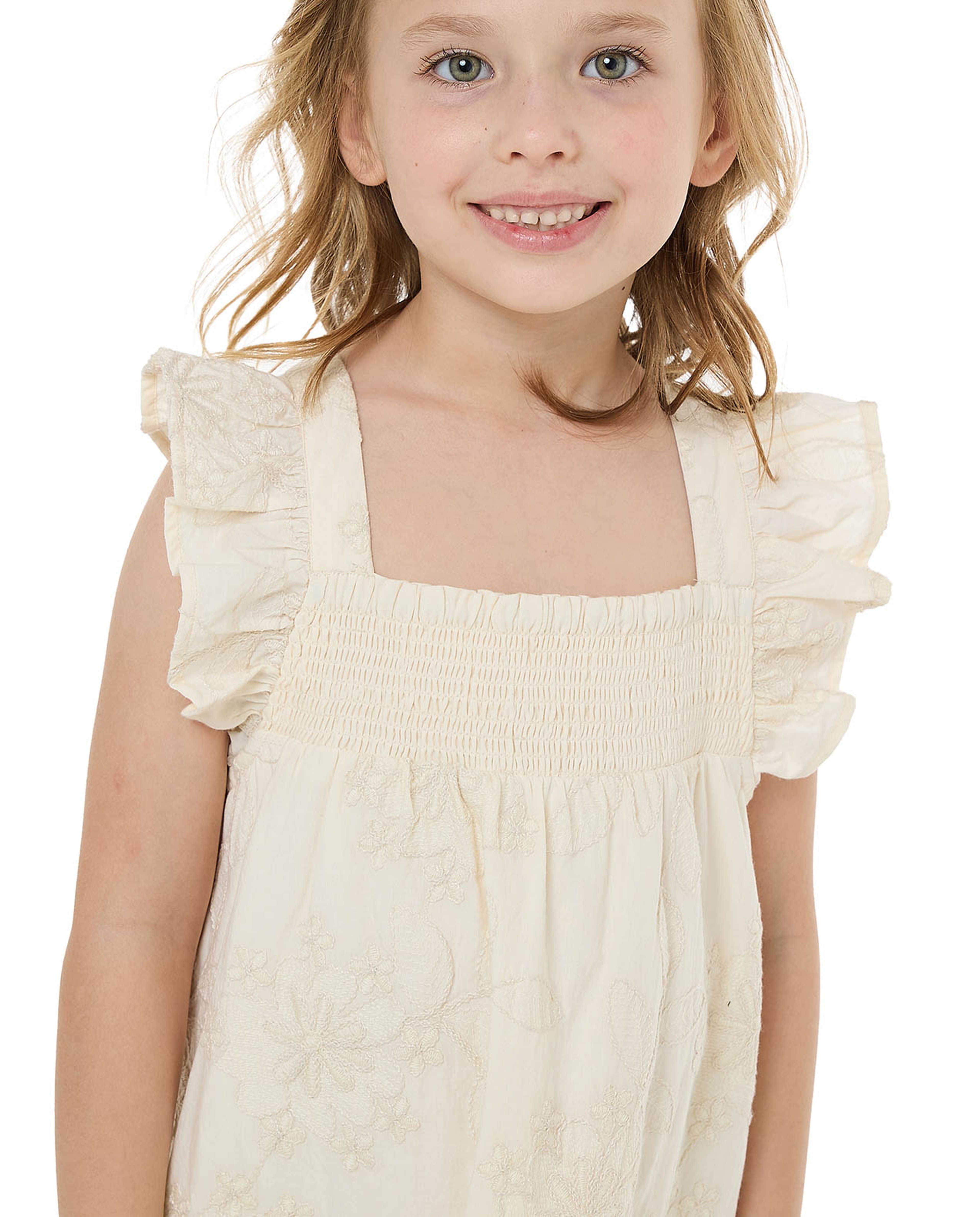 Embroidered Dress with Square Neck and Flutter Sleeves