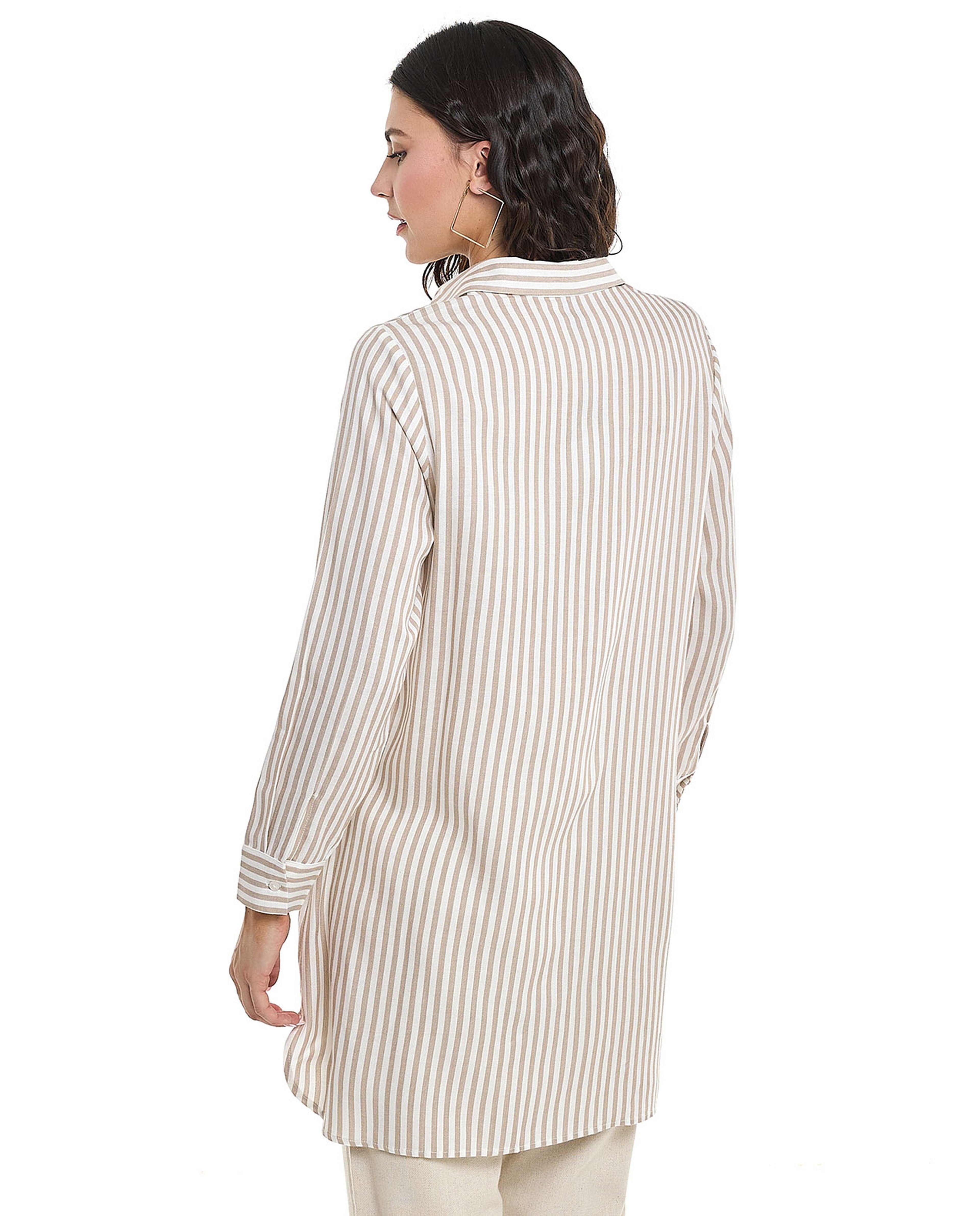 Striped Tunic with Classic Collar and Long Sleeves