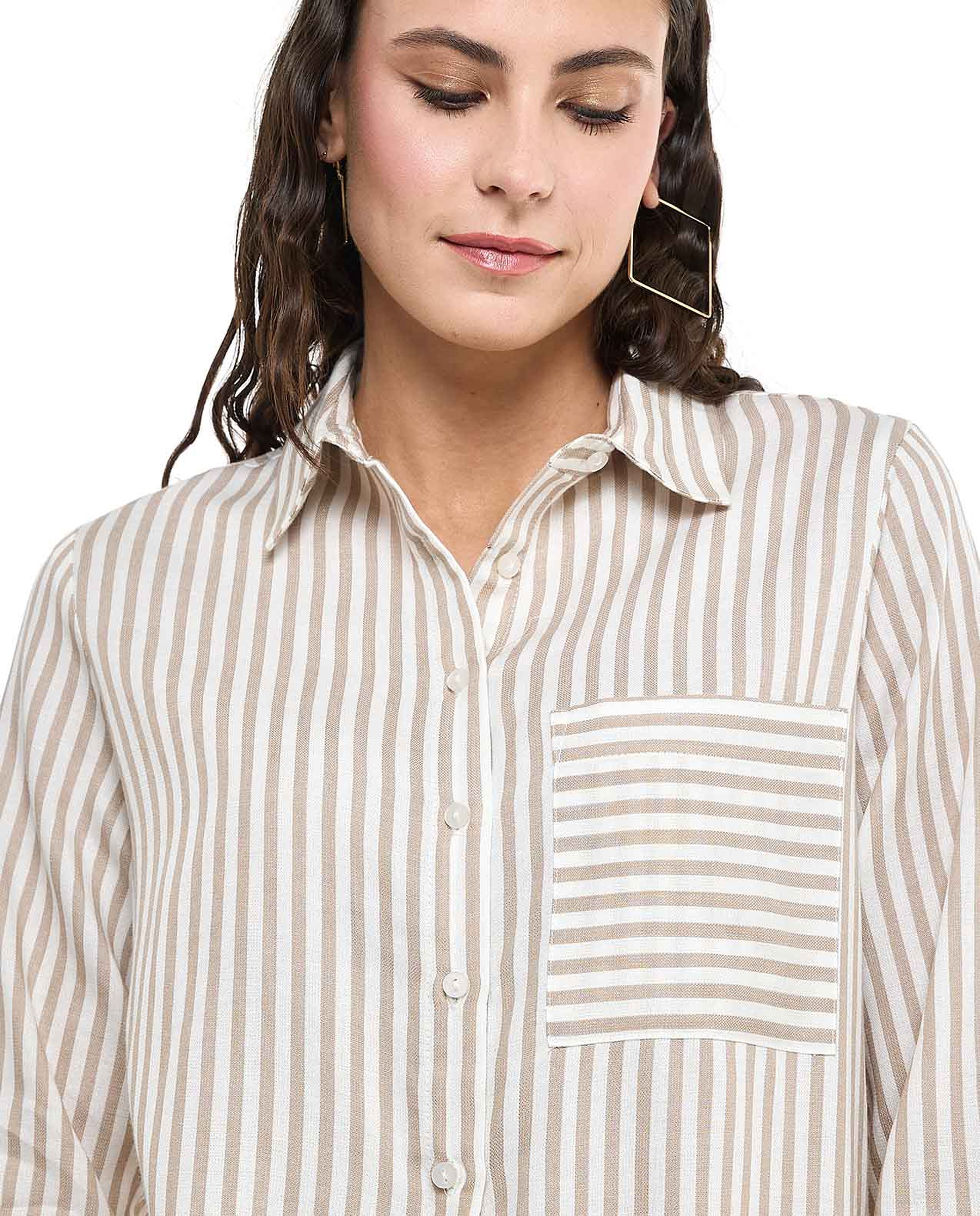 Striped Tunic with Classic Collar and Long Sleeves