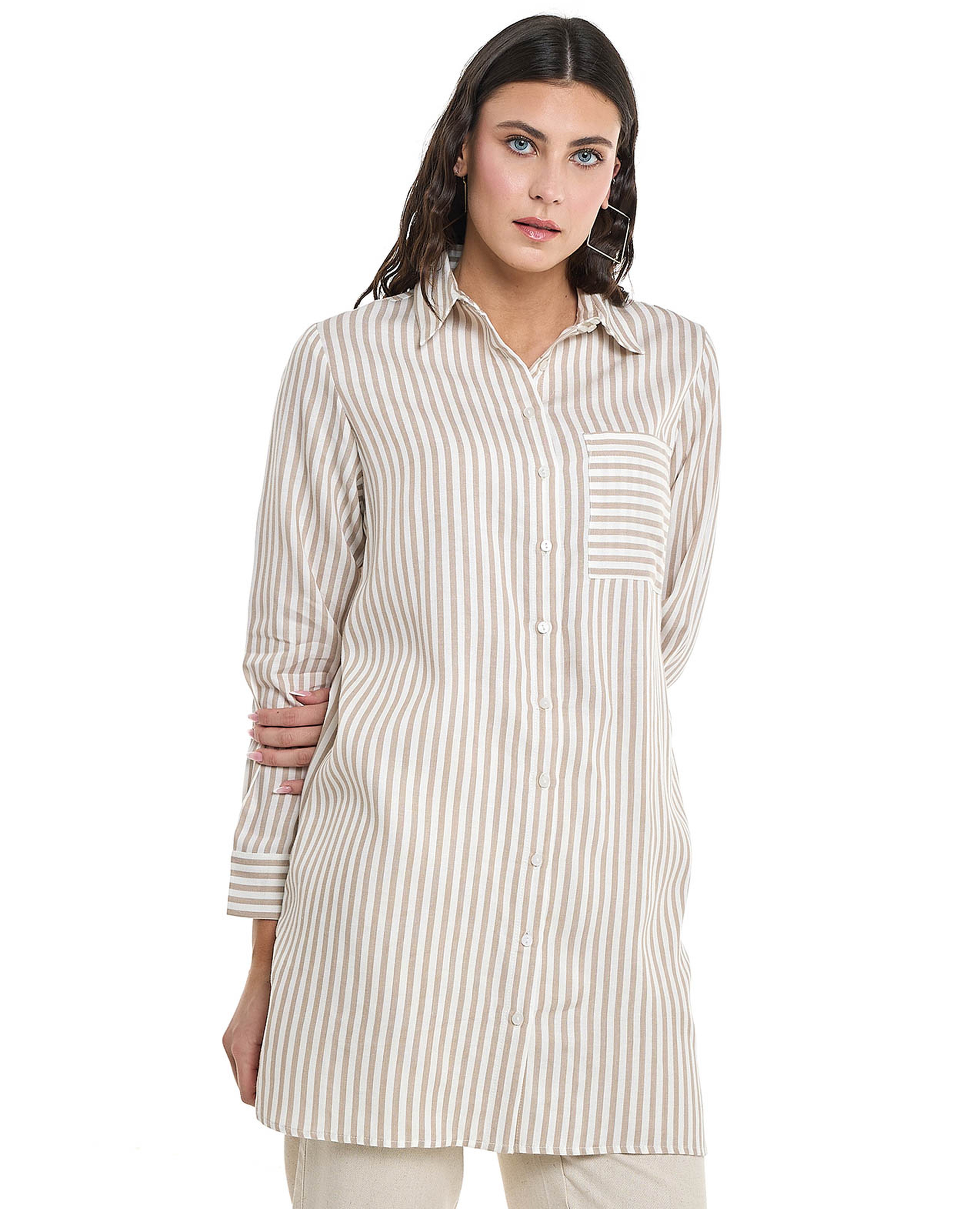Striped Tunic with Classic Collar and Long Sleeves