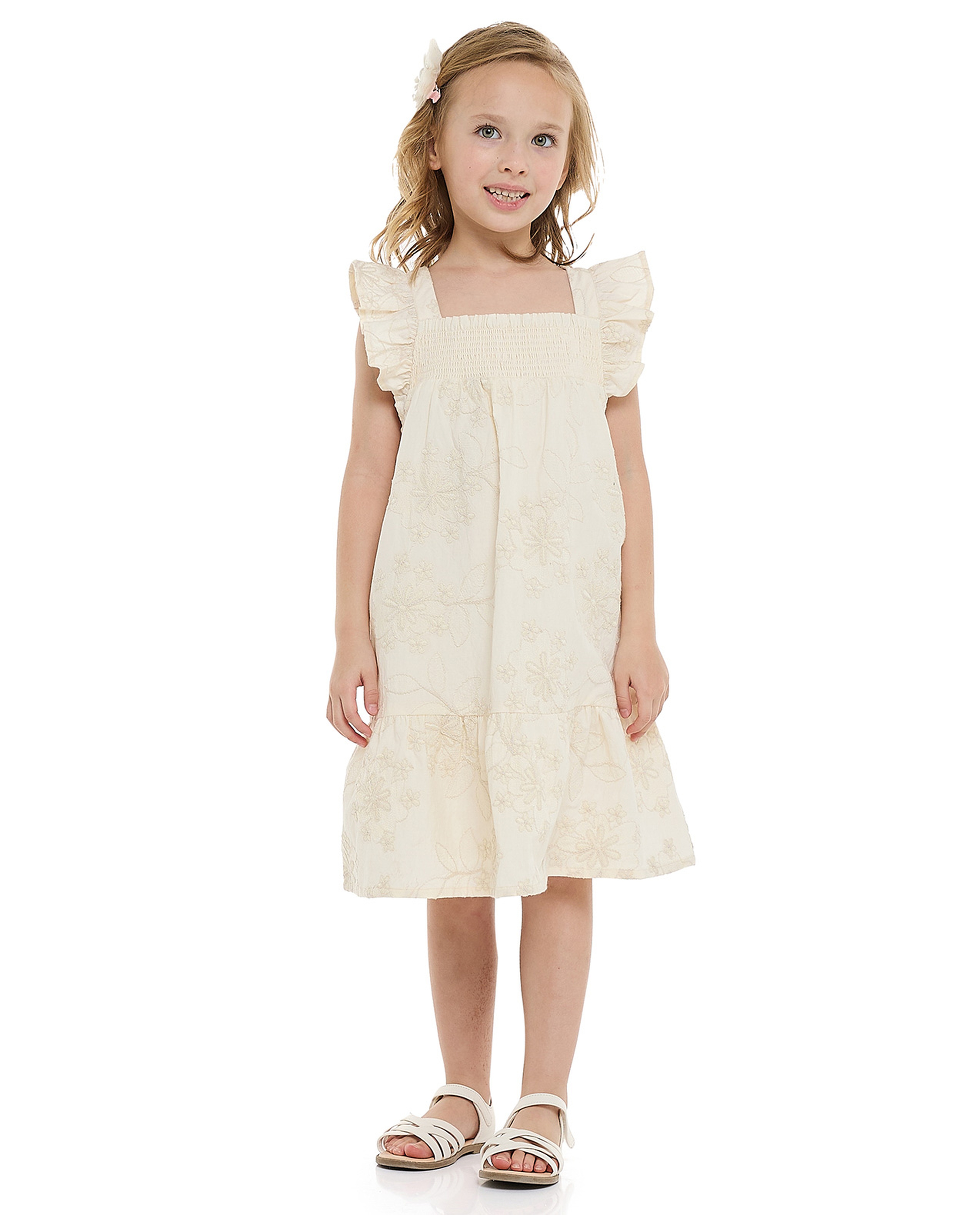Embroidered Dress with Square Neck and Flutter Sleeves