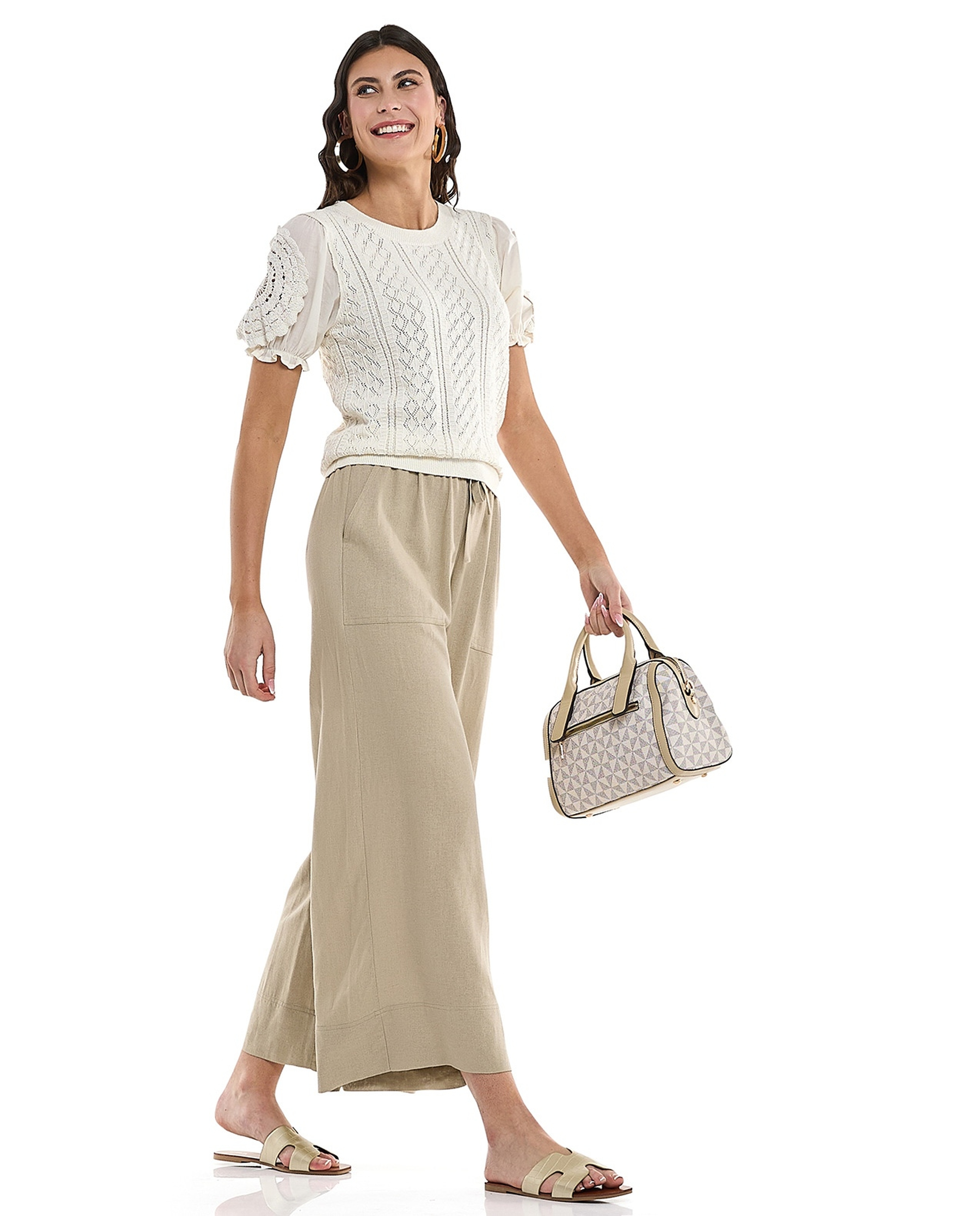 Solid Wide Leg Pants with Drawstring Waist