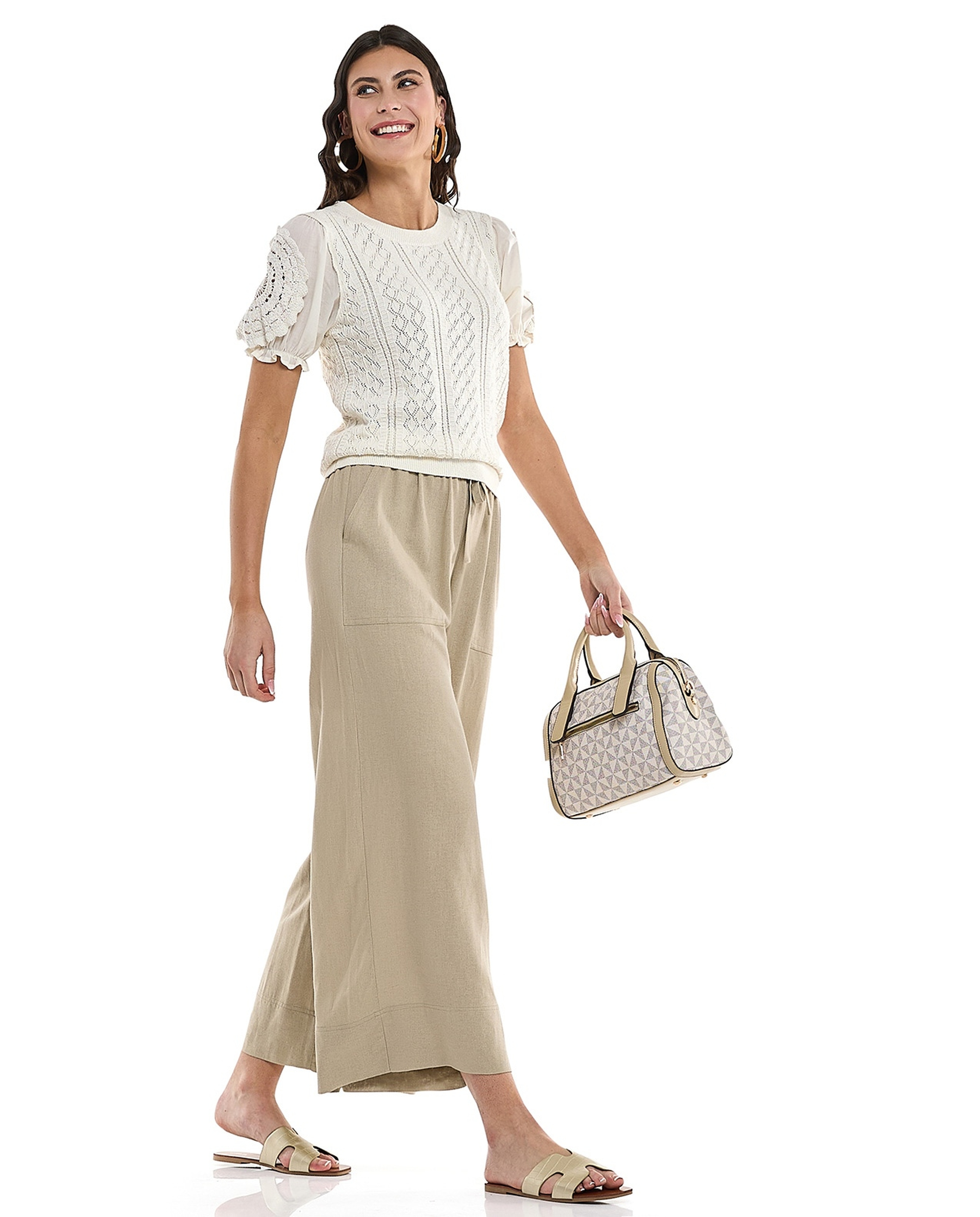 Solid Wide Leg Pants with Drawstring Waist