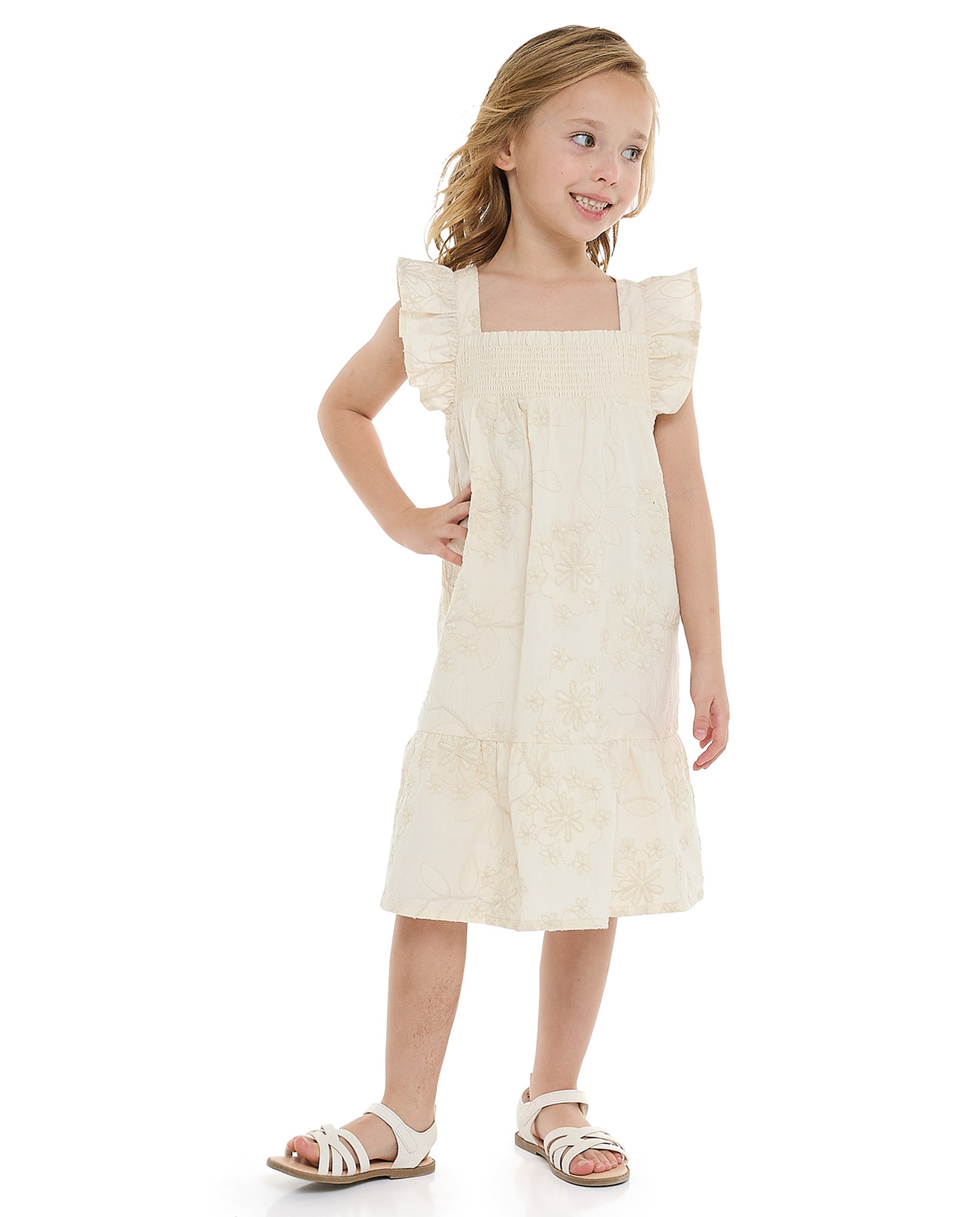 Embroidered Dress with Square Neck and Flutter Sleeves