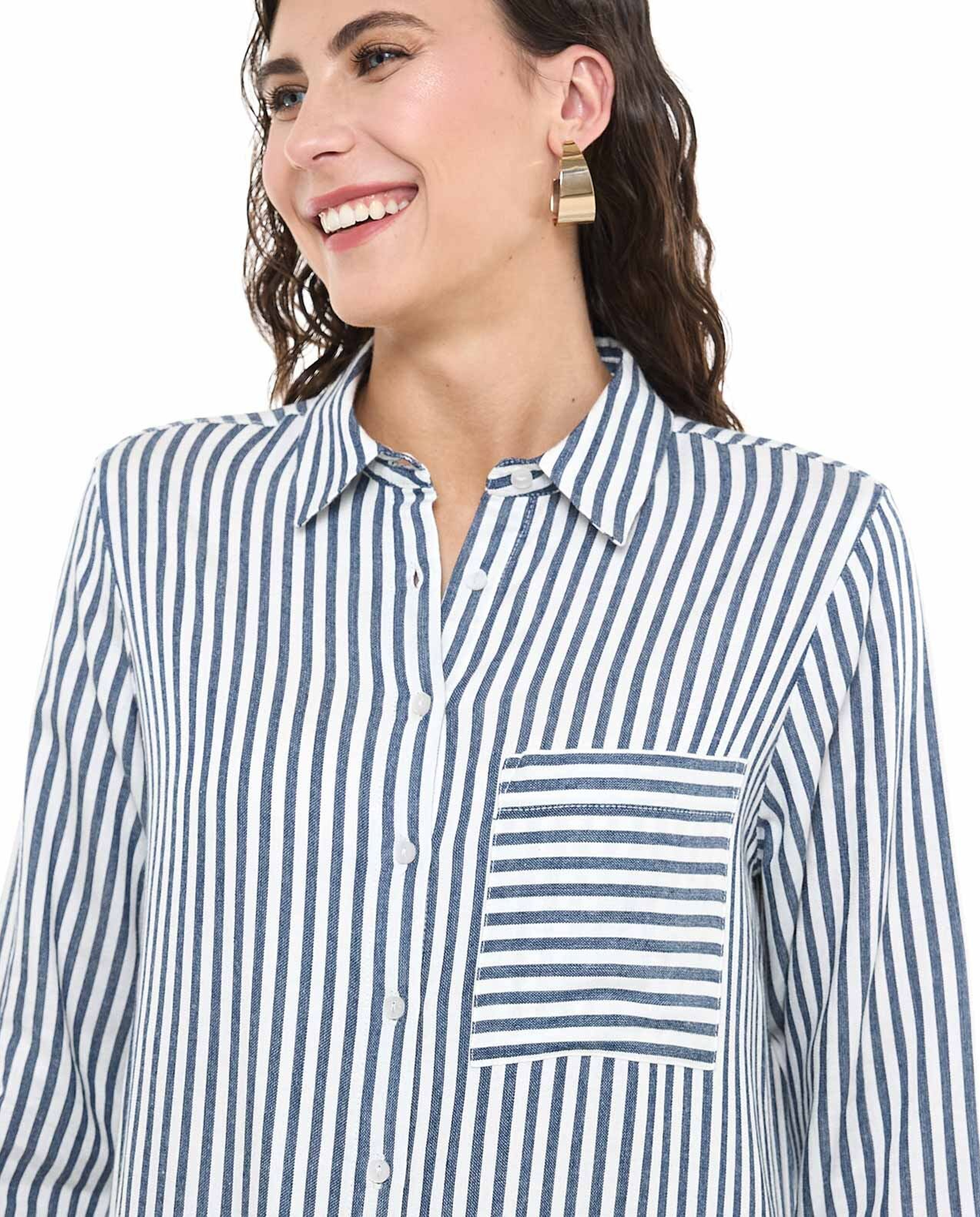 Striped Tunic with Classic Collar and Long Sleeves