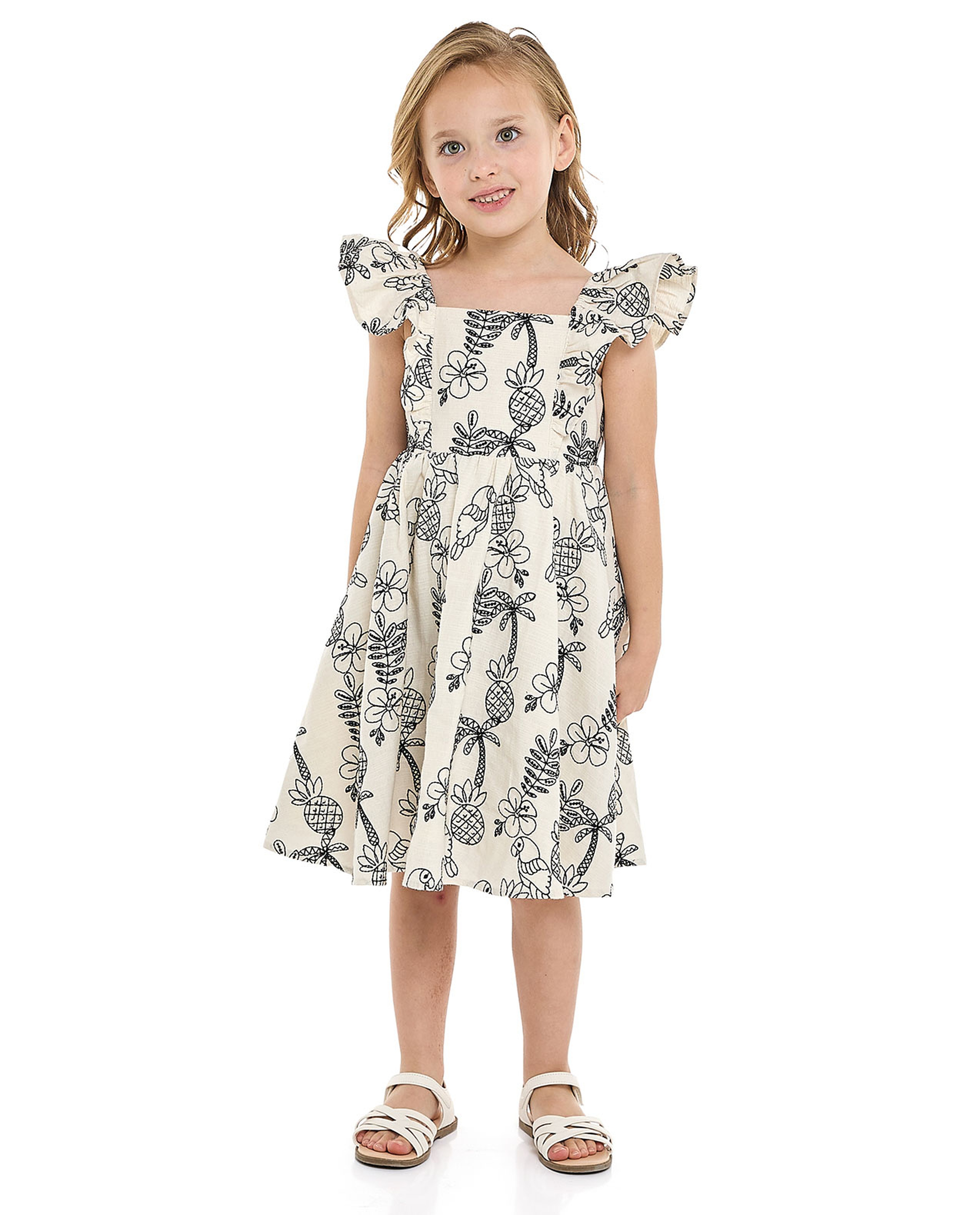 Printed Dress with Square Neck and Flutter Sleeves