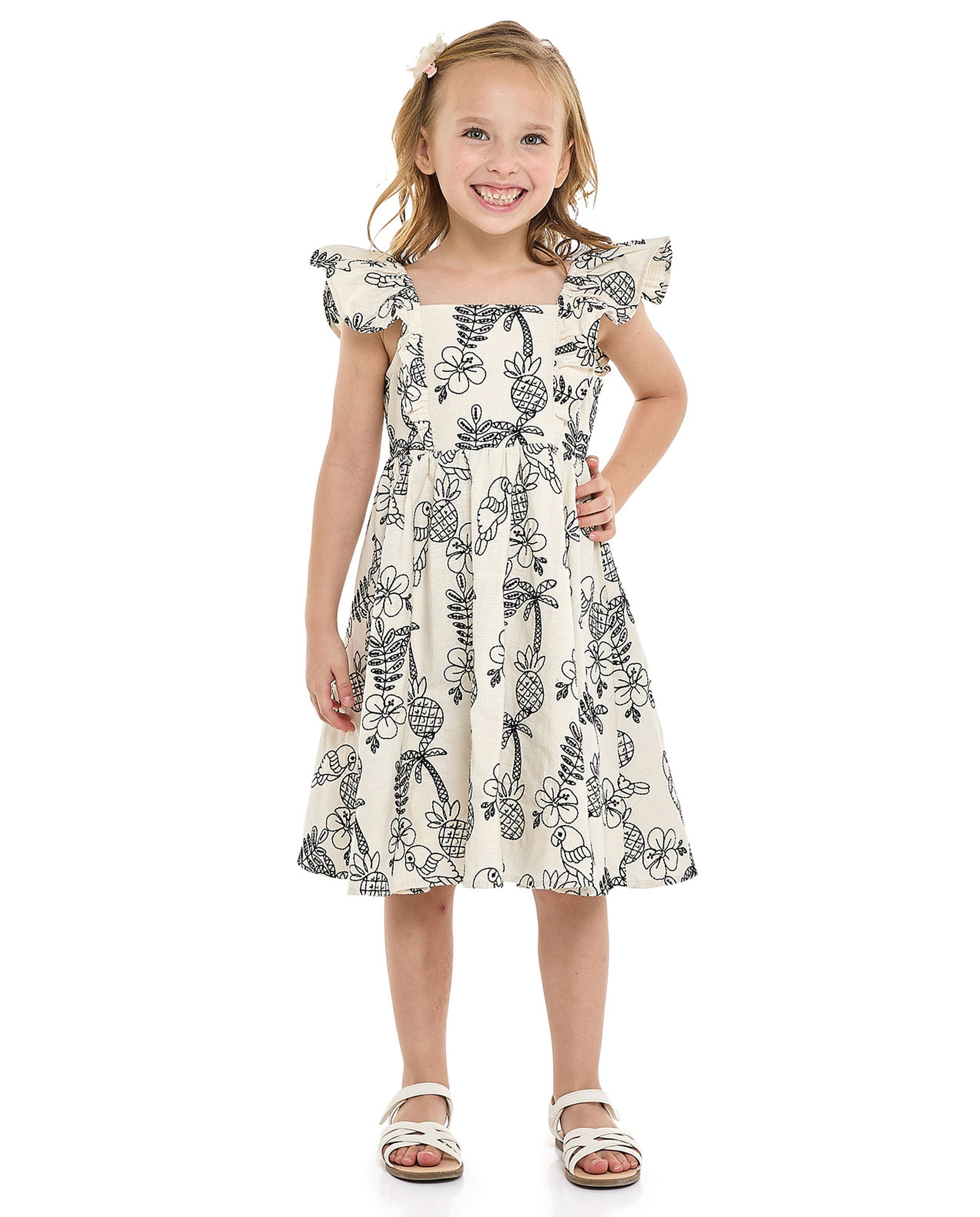 Printed Dress with Square Neck and Flutter Sleeves