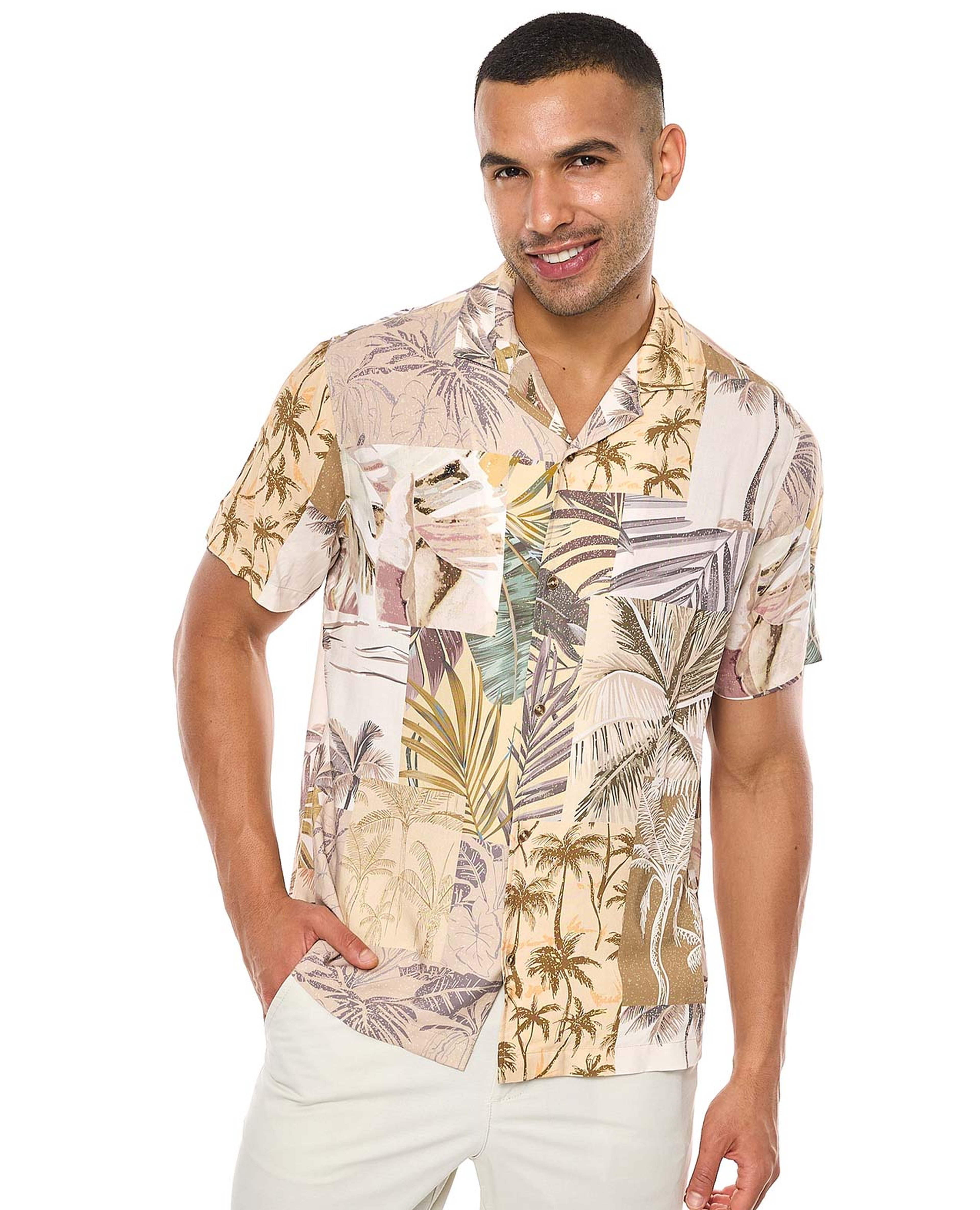 Patterned Shirt with Revere Collar and Short Sleeves