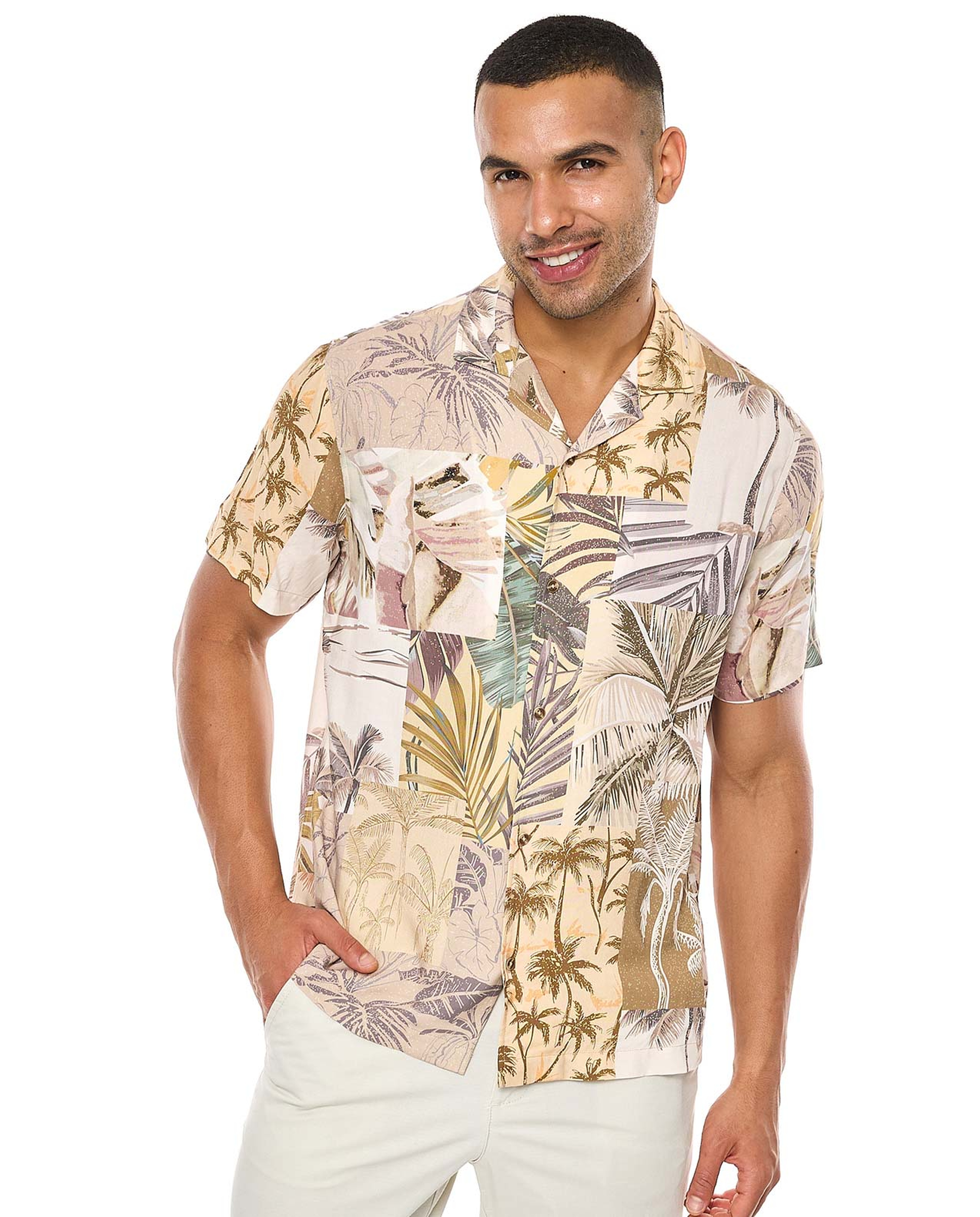 Patterned Shirt with Revere Collar and Short Sleeves