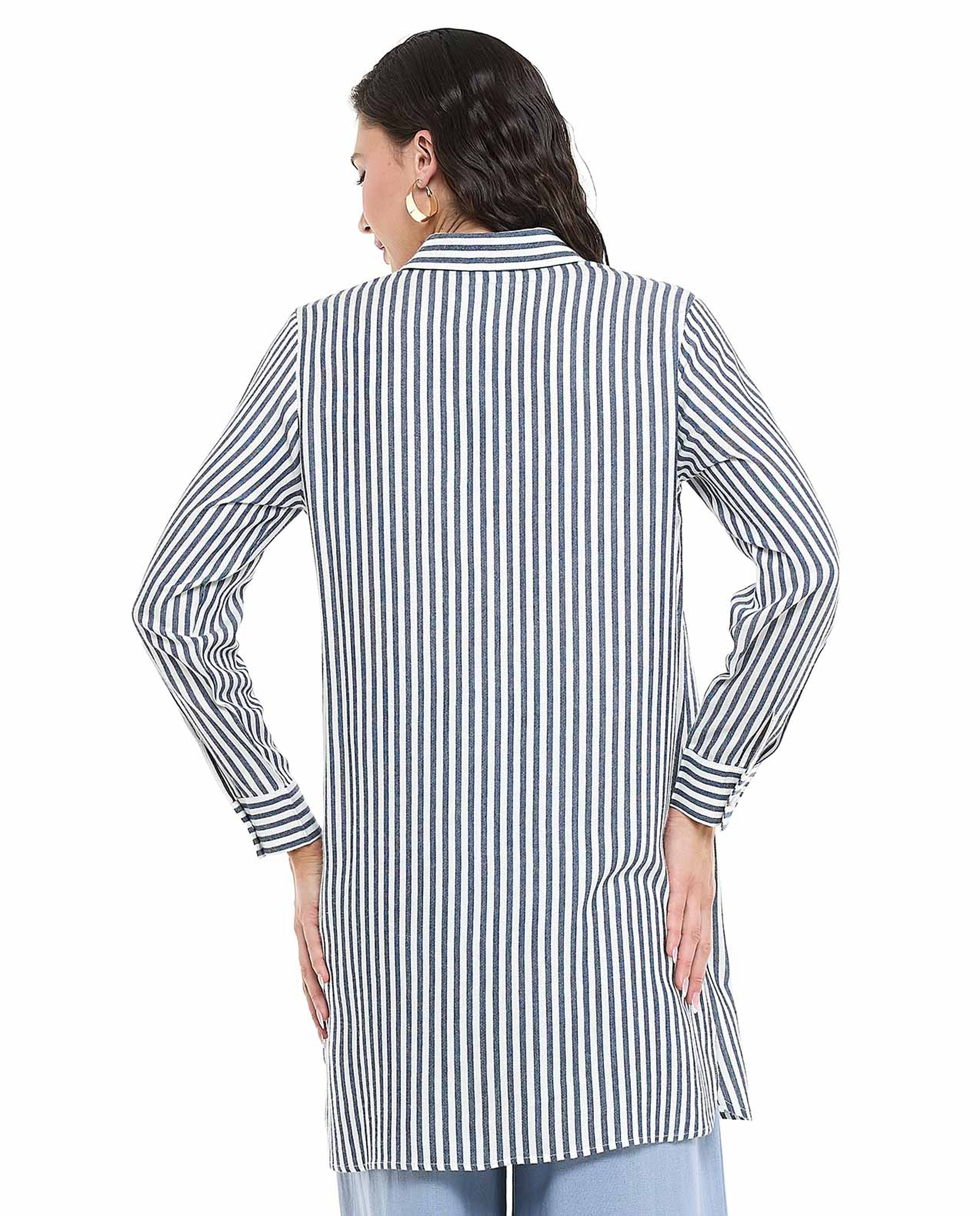 Striped Tunic with Classic Collar and Long Sleeves