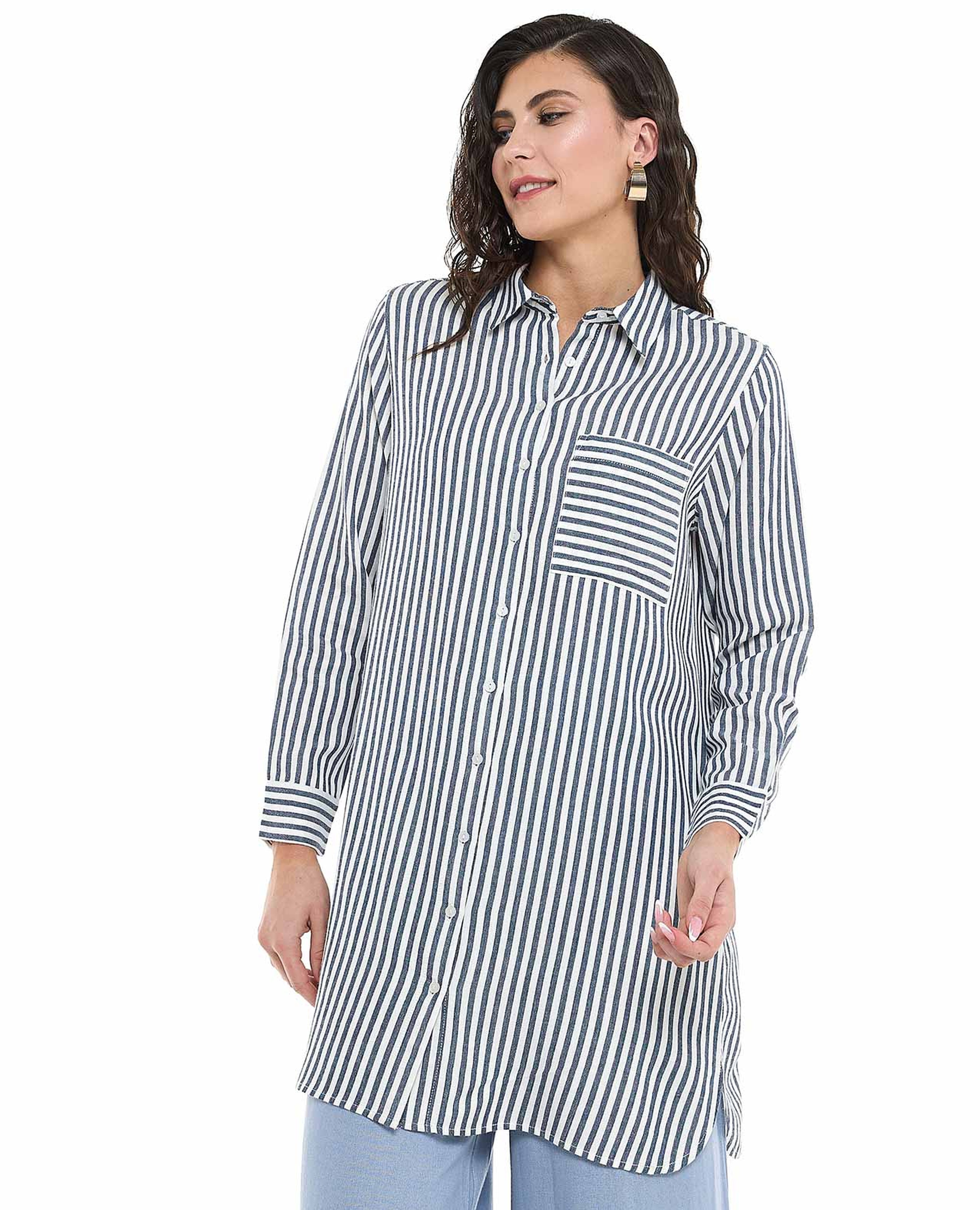 Striped Tunic with Classic Collar and Long Sleeves