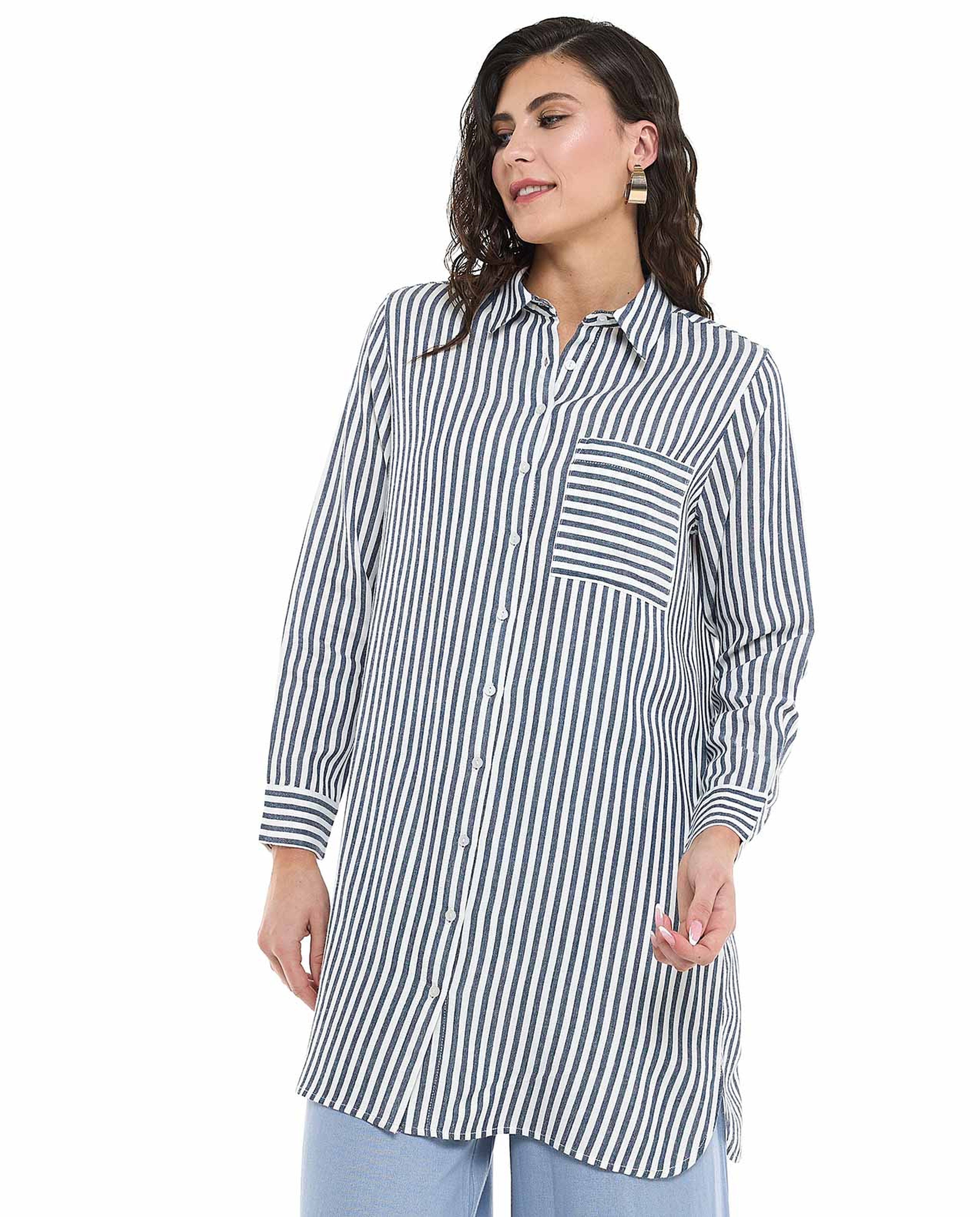 Striped Tunic with Classic Collar and Long Sleeves