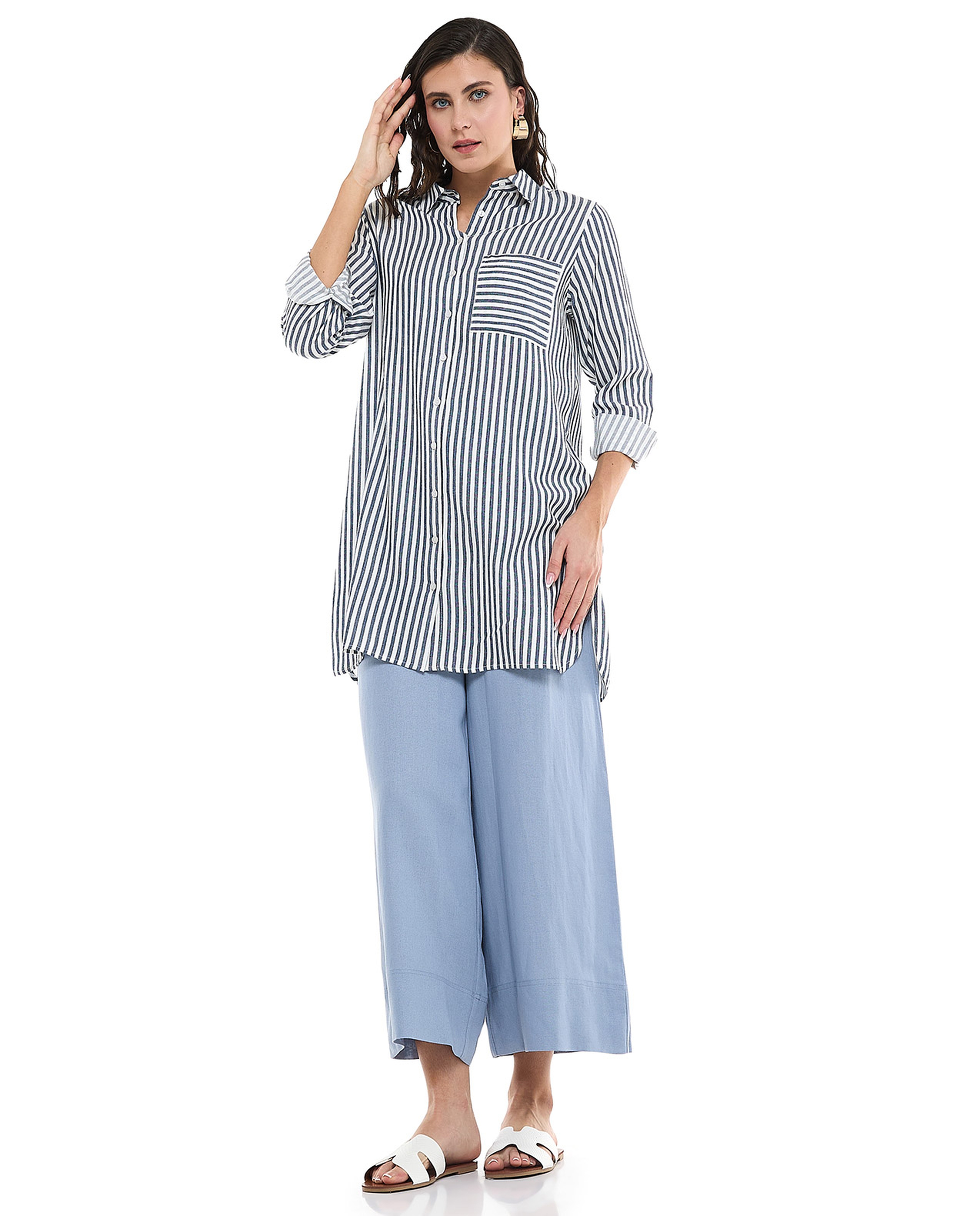 Striped Tunic with Classic Collar and Long Sleeves