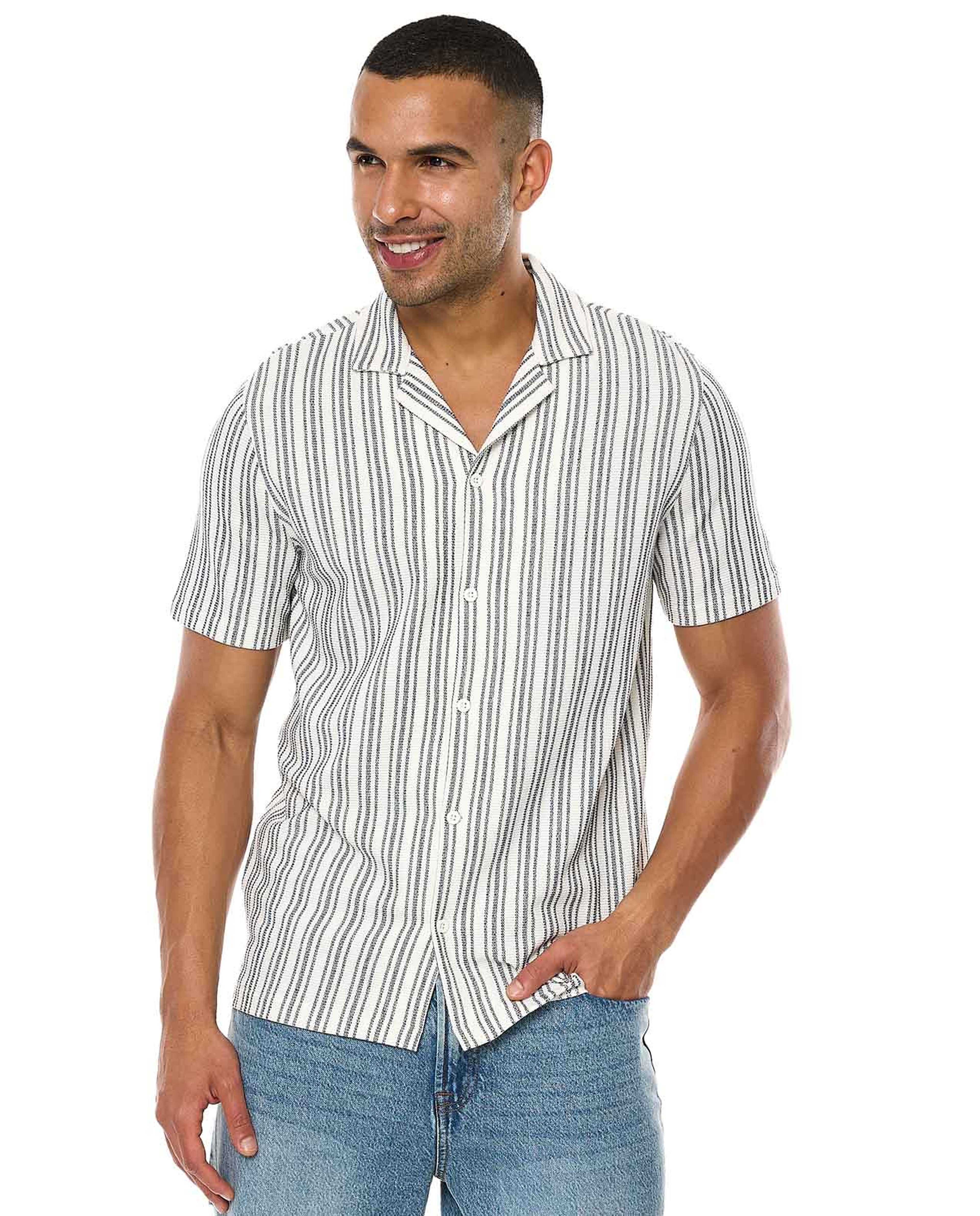 Striped Shirt with Revere Collar and Short Sleeves