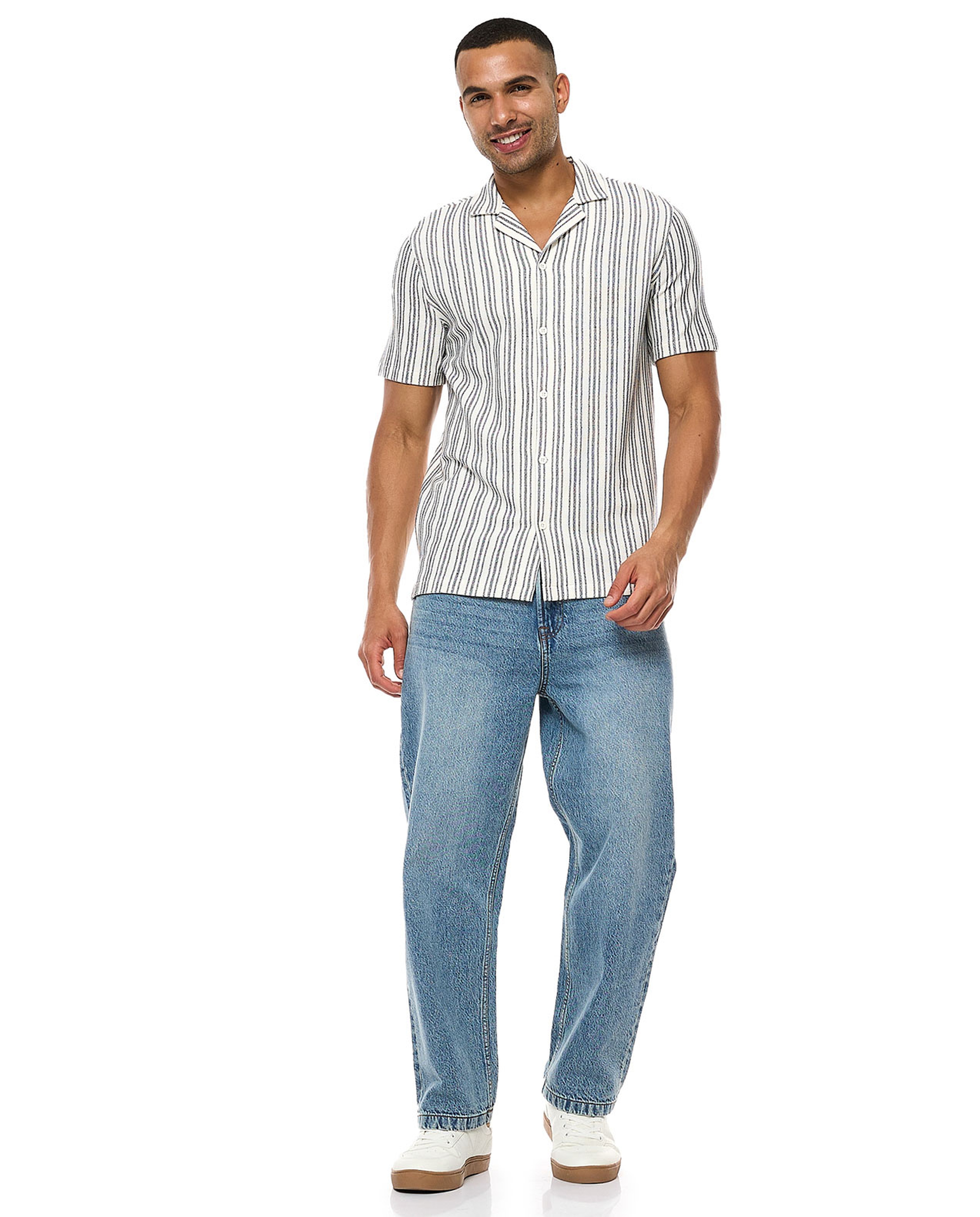 Striped Shirt with Revere Collar and Short Sleeves