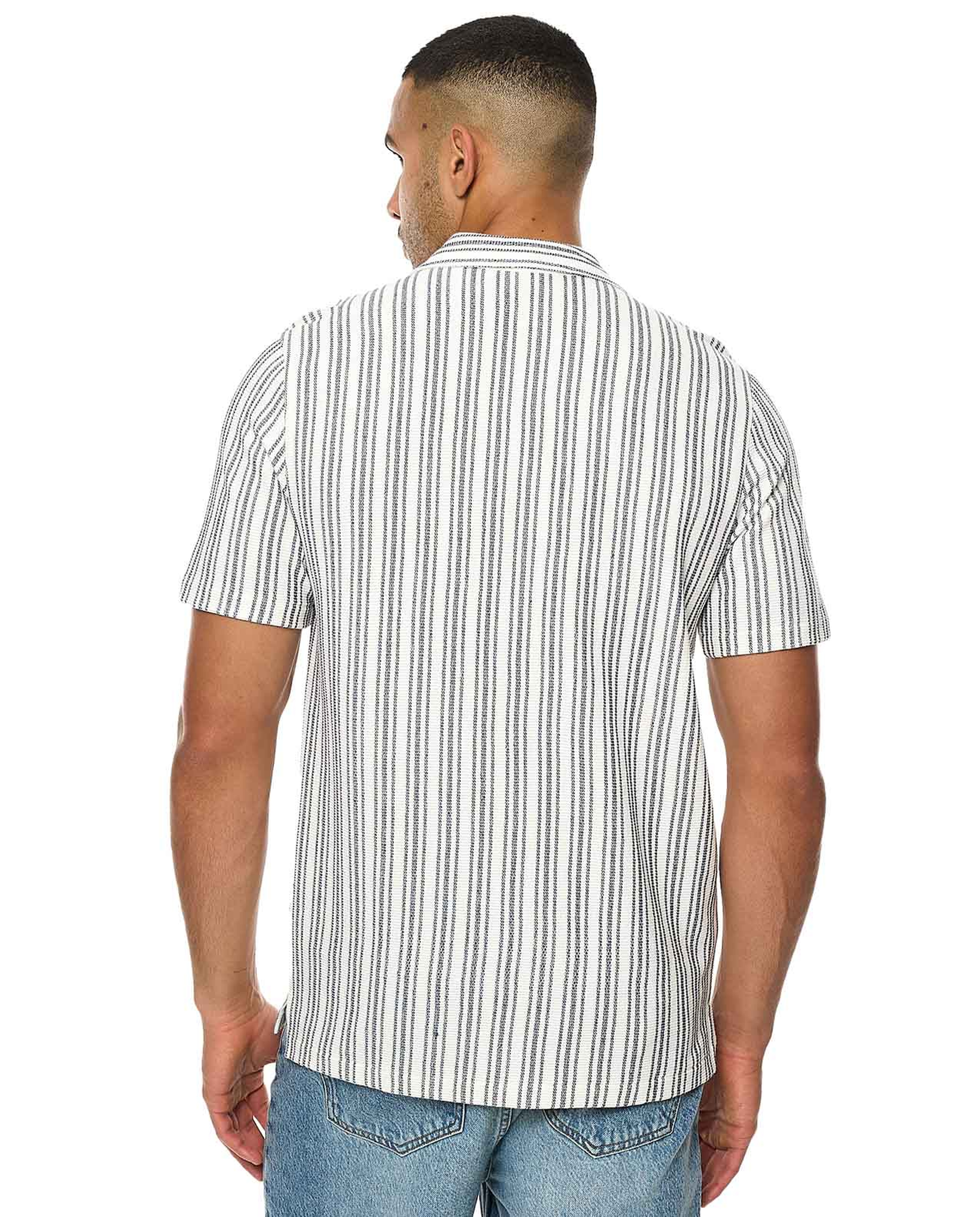 Striped Shirt with Revere Collar and Short Sleeves