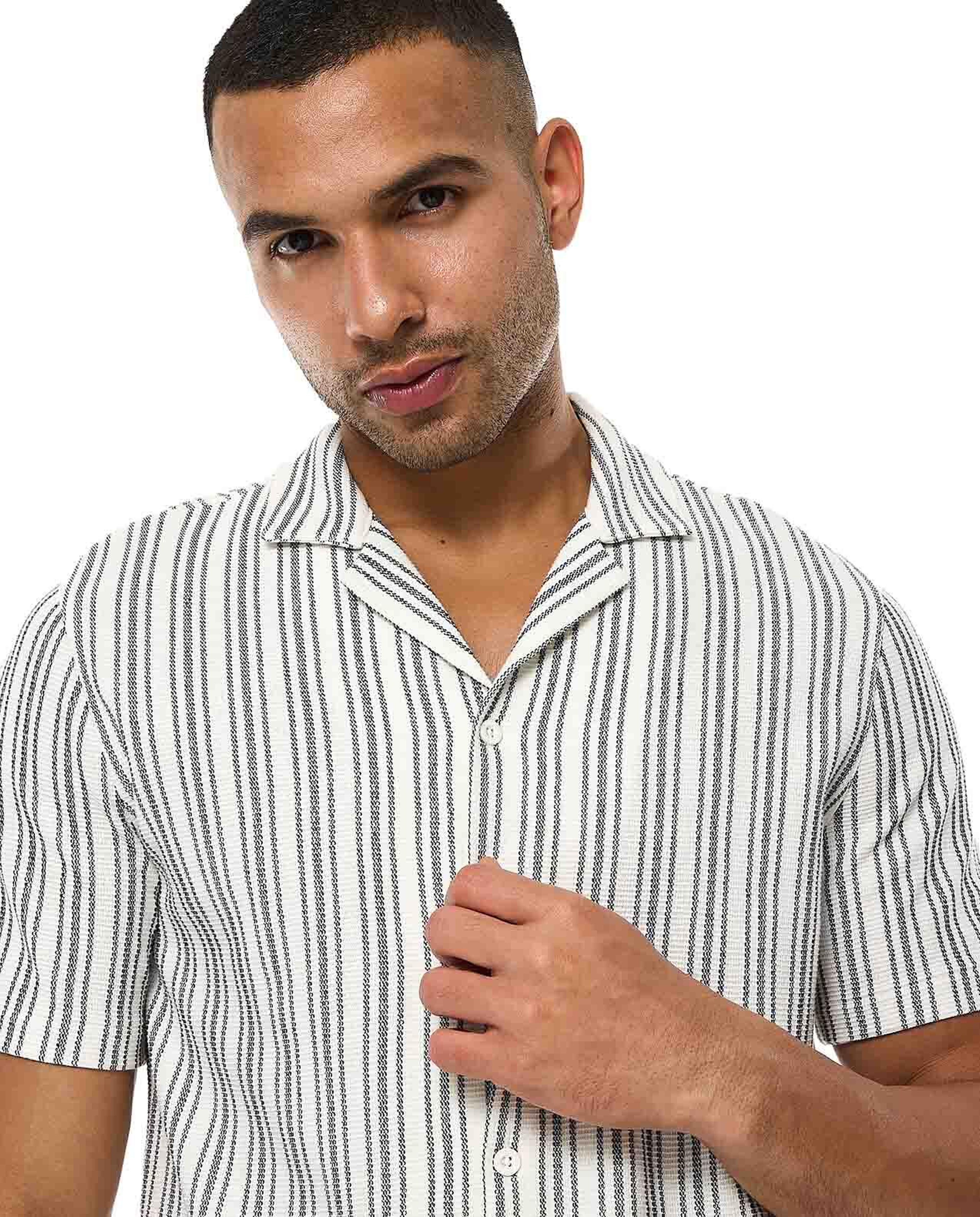 Striped Shirt with Revere Collar and Short Sleeves
